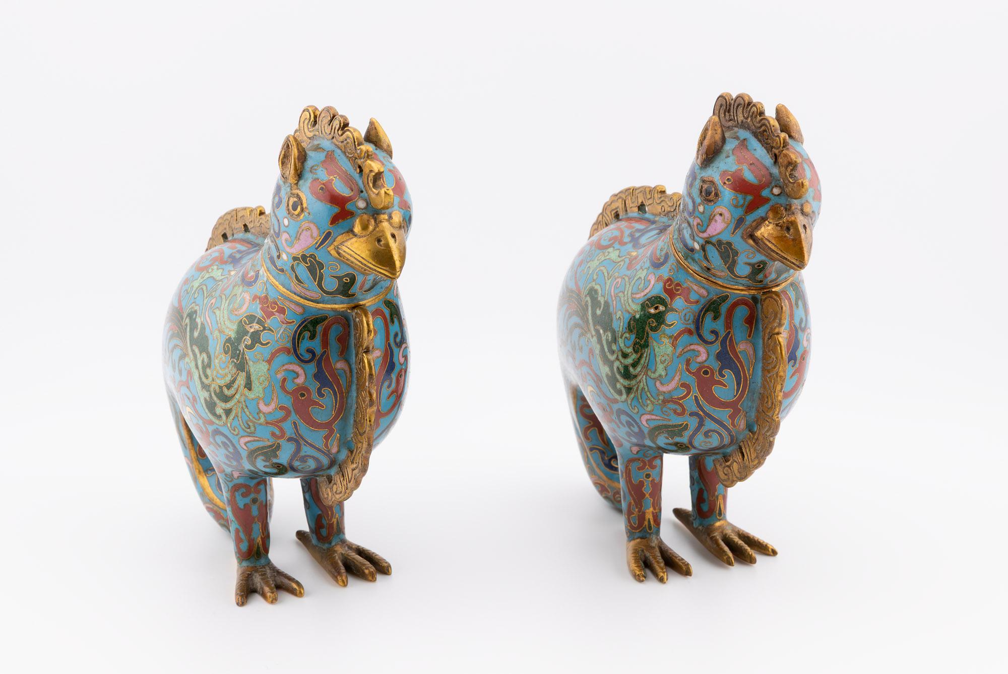 Antique Chinese Qing Dynasty Rooster Shaped Cloisonne Incense Censers In Good Condition In Chicago, IL