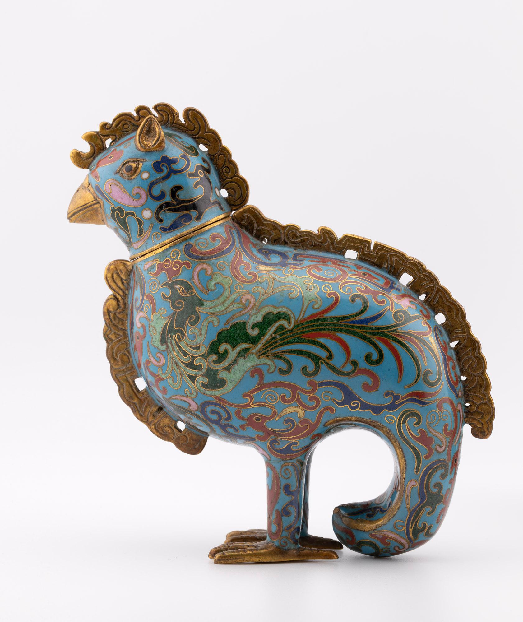 Metal Antique Chinese Qing Dynasty Rooster Shaped Cloisonne Incense Censers