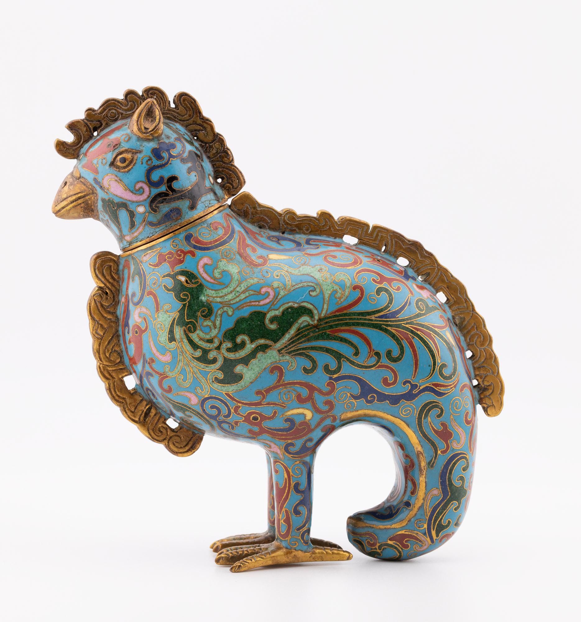 Antique Chinese Qing Dynasty Rooster Shaped Cloisonne Incense Censers 1