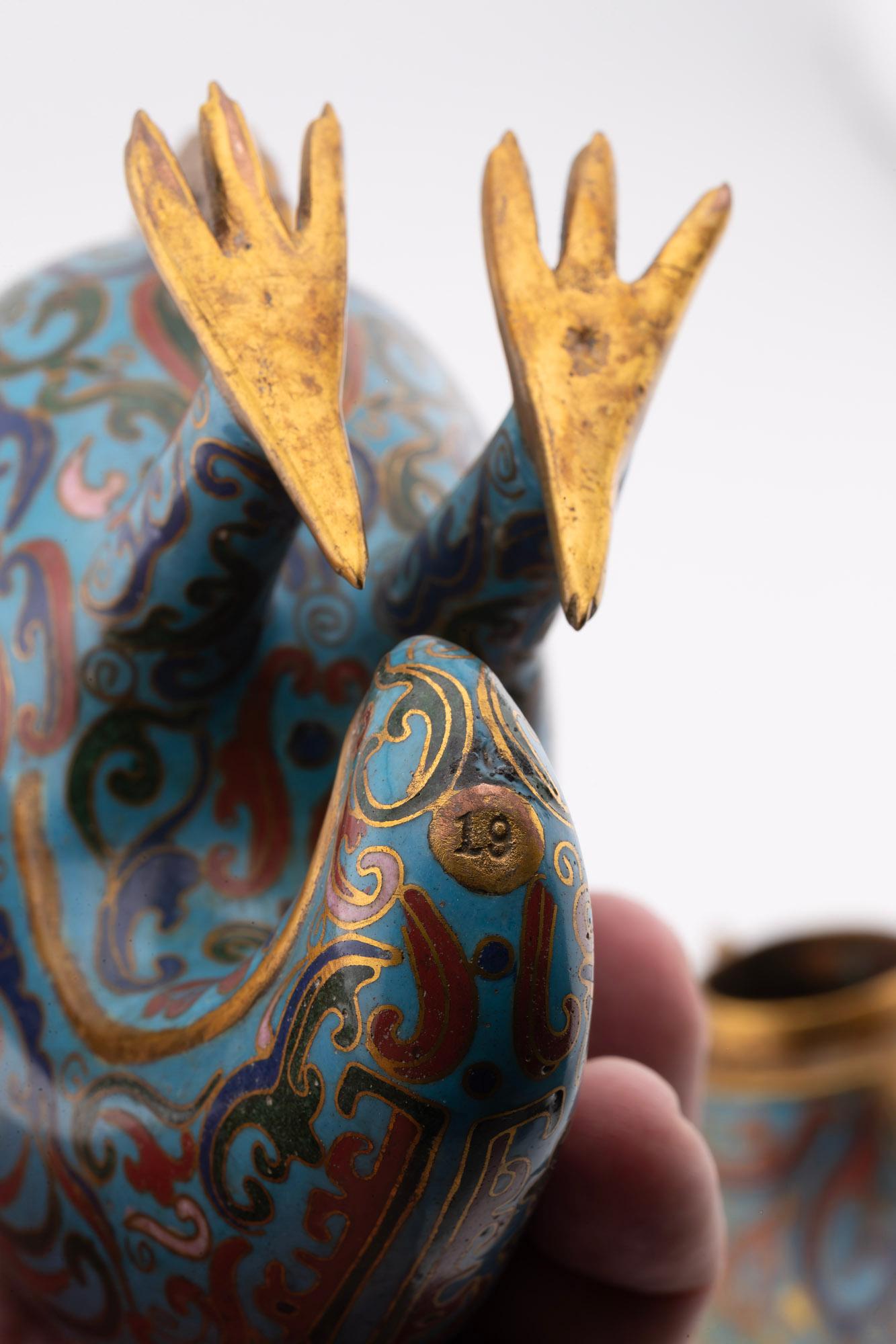 Antique Chinese Qing Dynasty Rooster Shaped Cloisonne Incense Censers 2