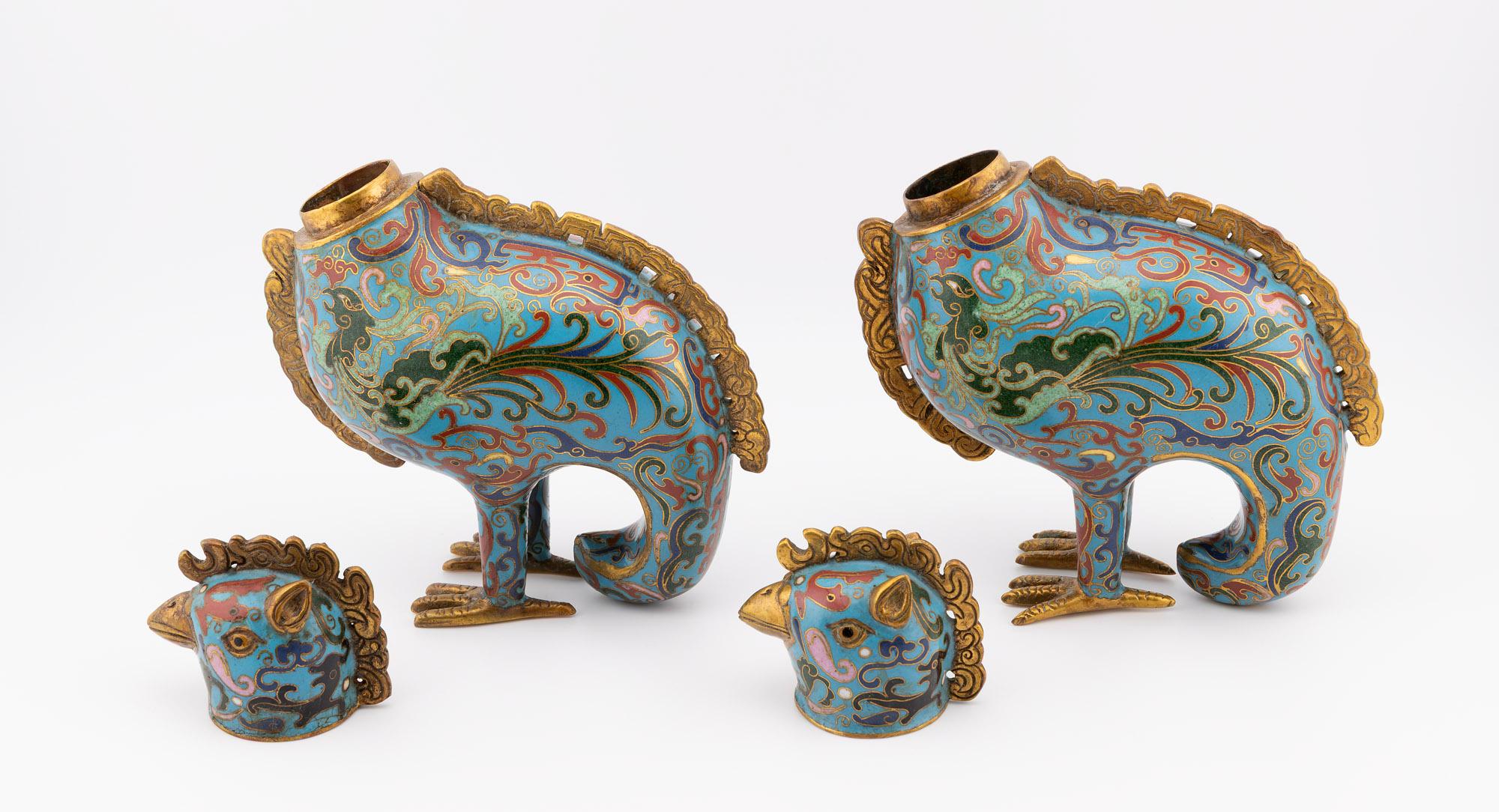 Antique Chinese Qing Dynasty Rooster Shaped Cloisonne Incense Censers 3