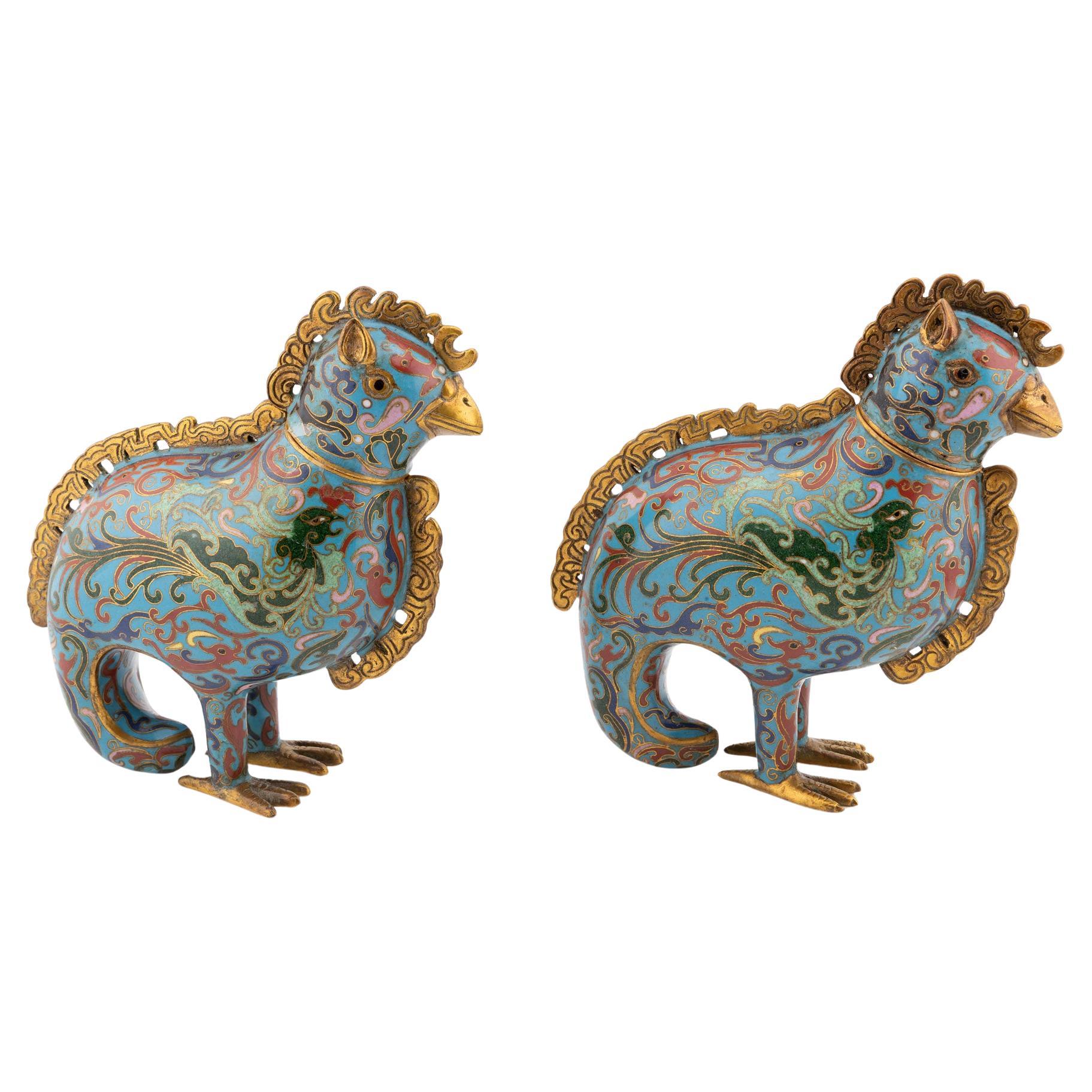 Antique Chinese Qing Dynasty Rooster Shaped Cloisonne Incense Censers