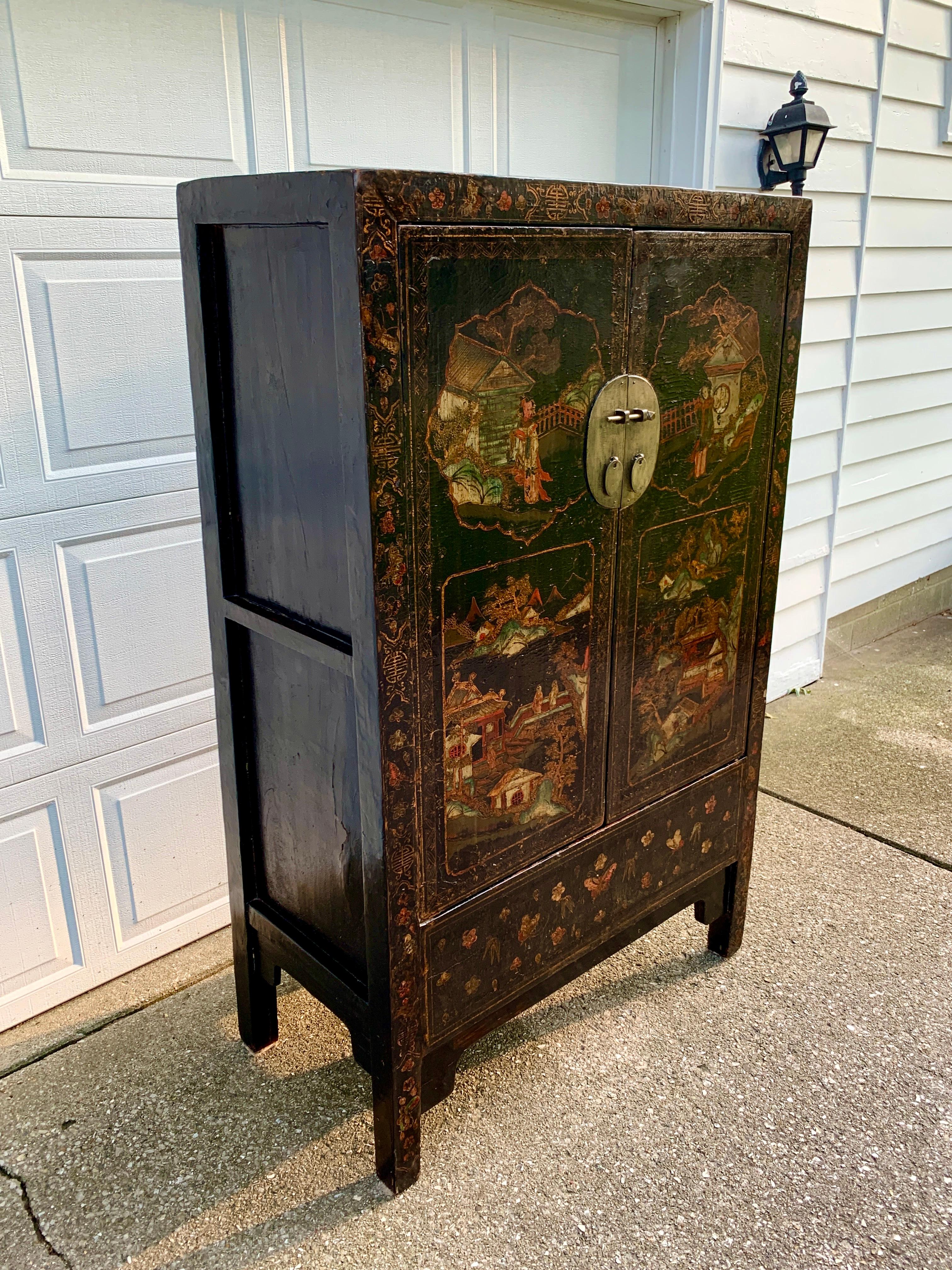 Chinoiserie Antique Chinese Qing Dynasty Shanxi Painted Lacquer Cabinet, 19th Century For Sale