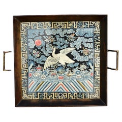 Antique Chinese Qing Dynasty Silk Embroidered Rank Badge Mounted in Tray