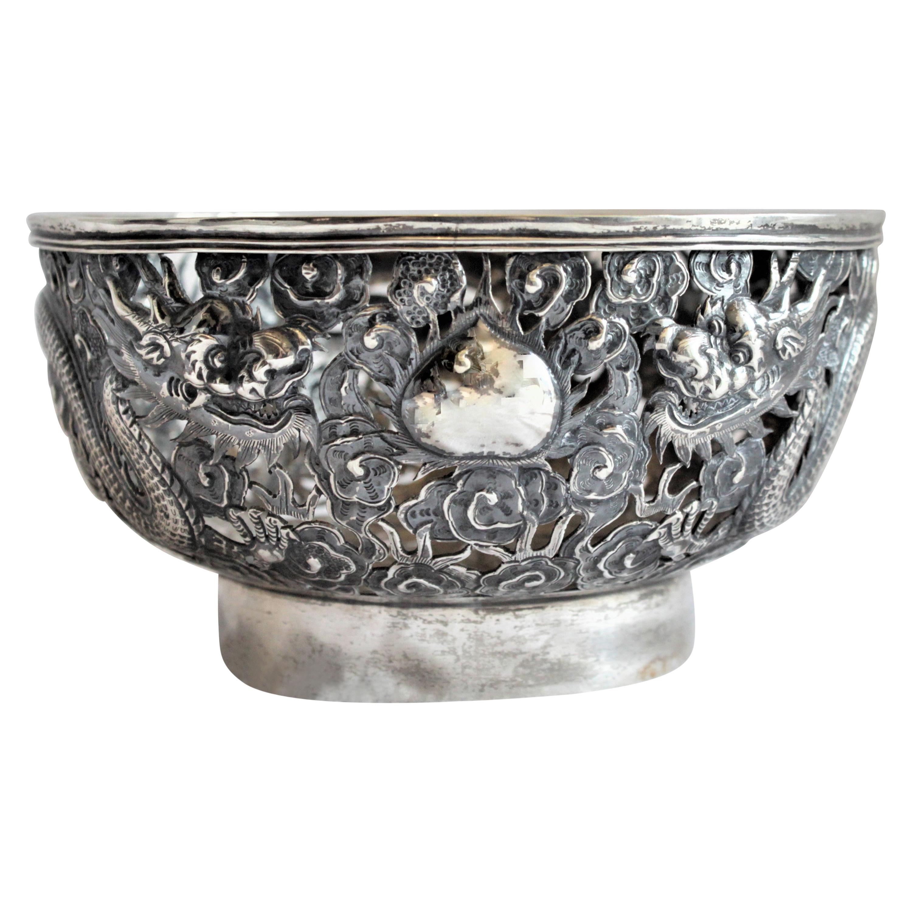 Antique Chinese Qing Dynasty Silver Bowl with Dragons and Flower Decoration