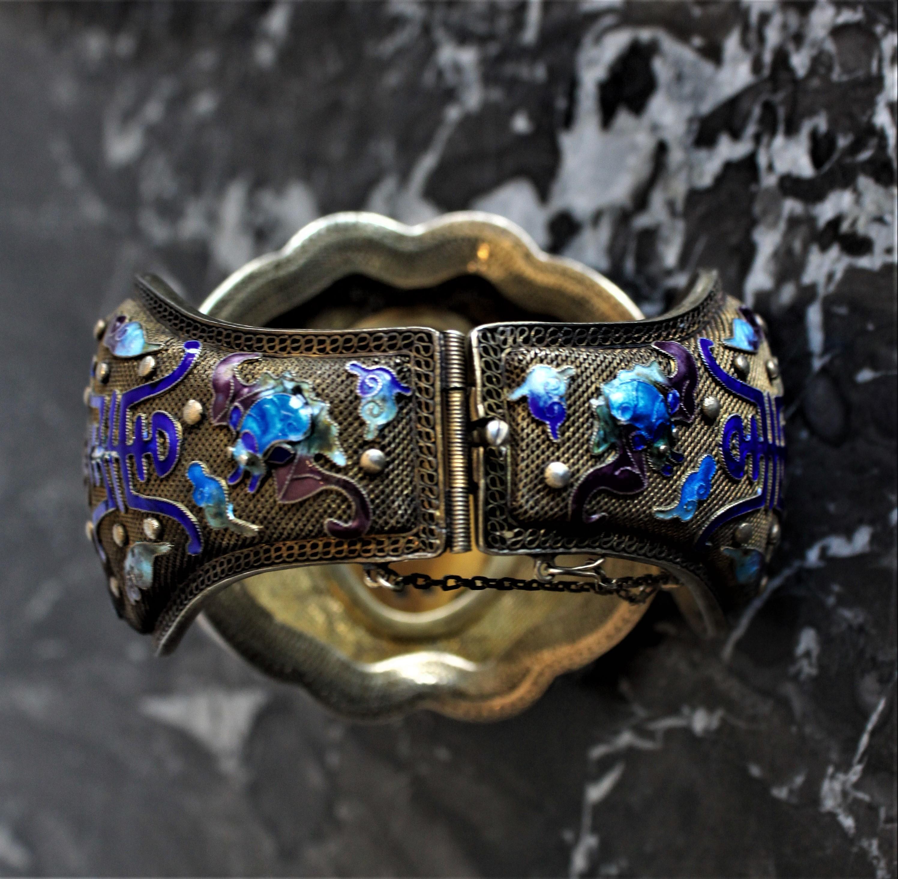 Carved Antique Chinese Qing Dynasty Silver & Enamel Cuff Bracelet