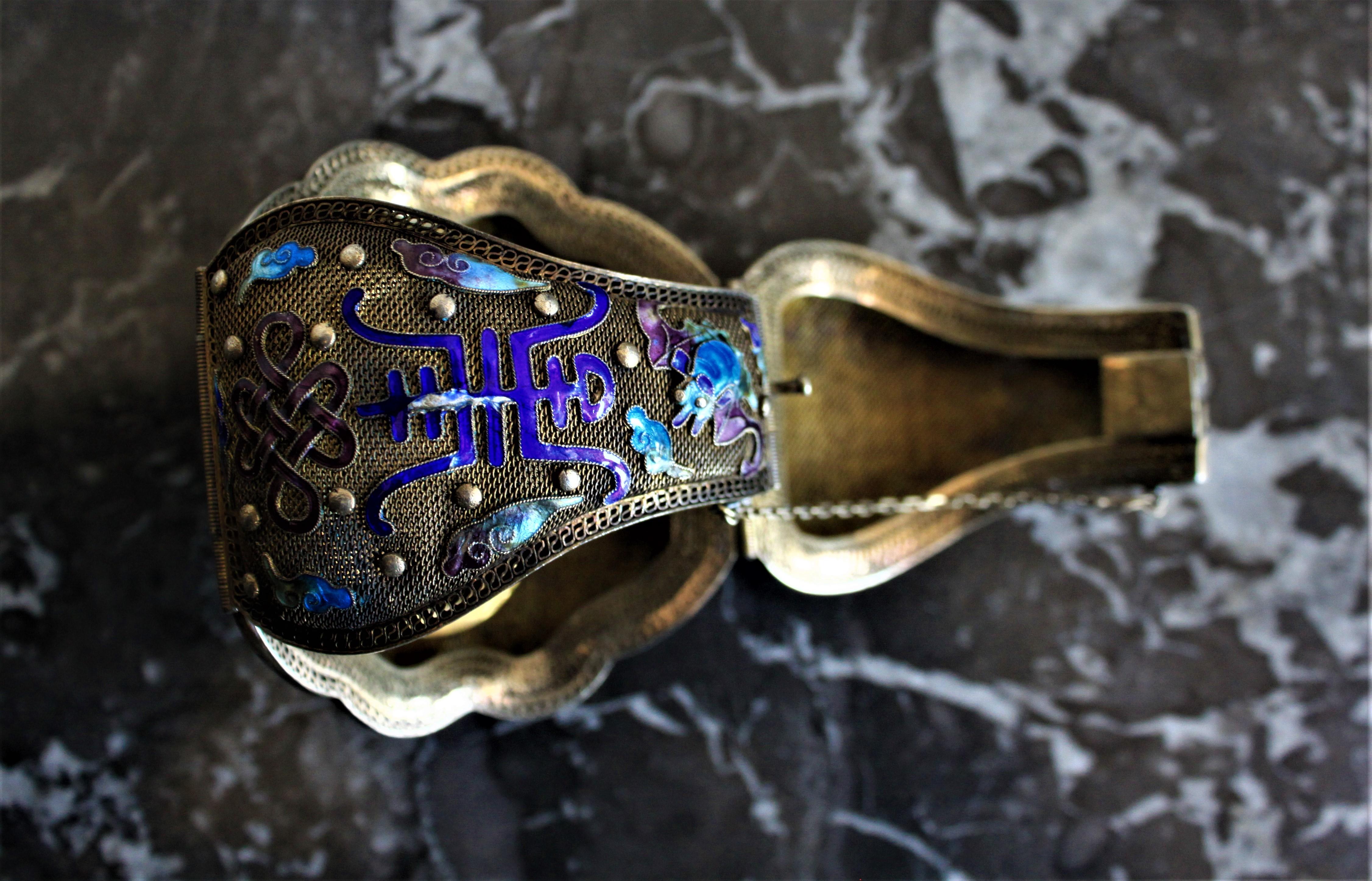 20th Century Antique Chinese Qing Dynasty Silver & Enamel Cuff Bracelet