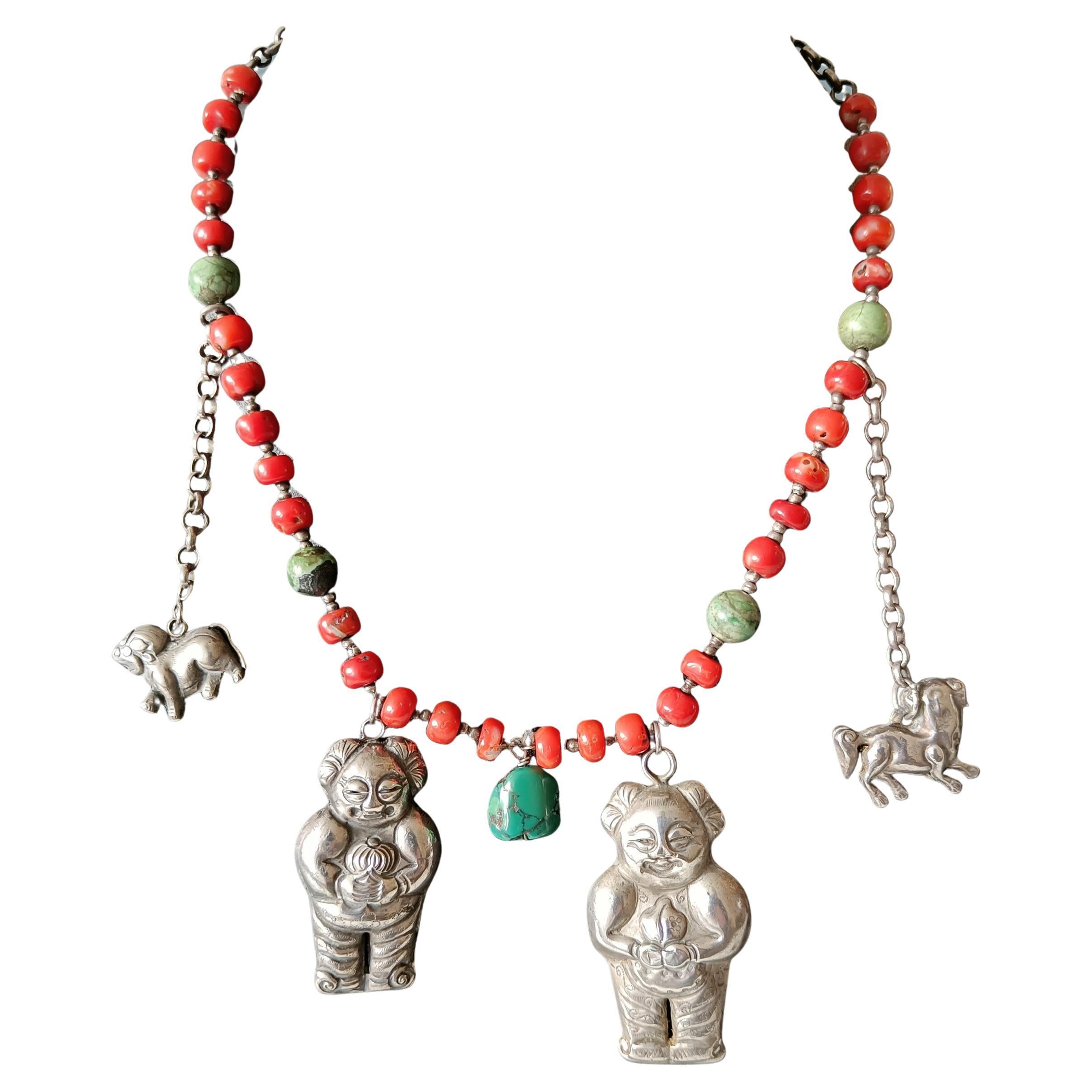 Seltene Antike Qing Dynasty Chinesisch Ethnische Minderheit Silber Korallenkette im Angebot