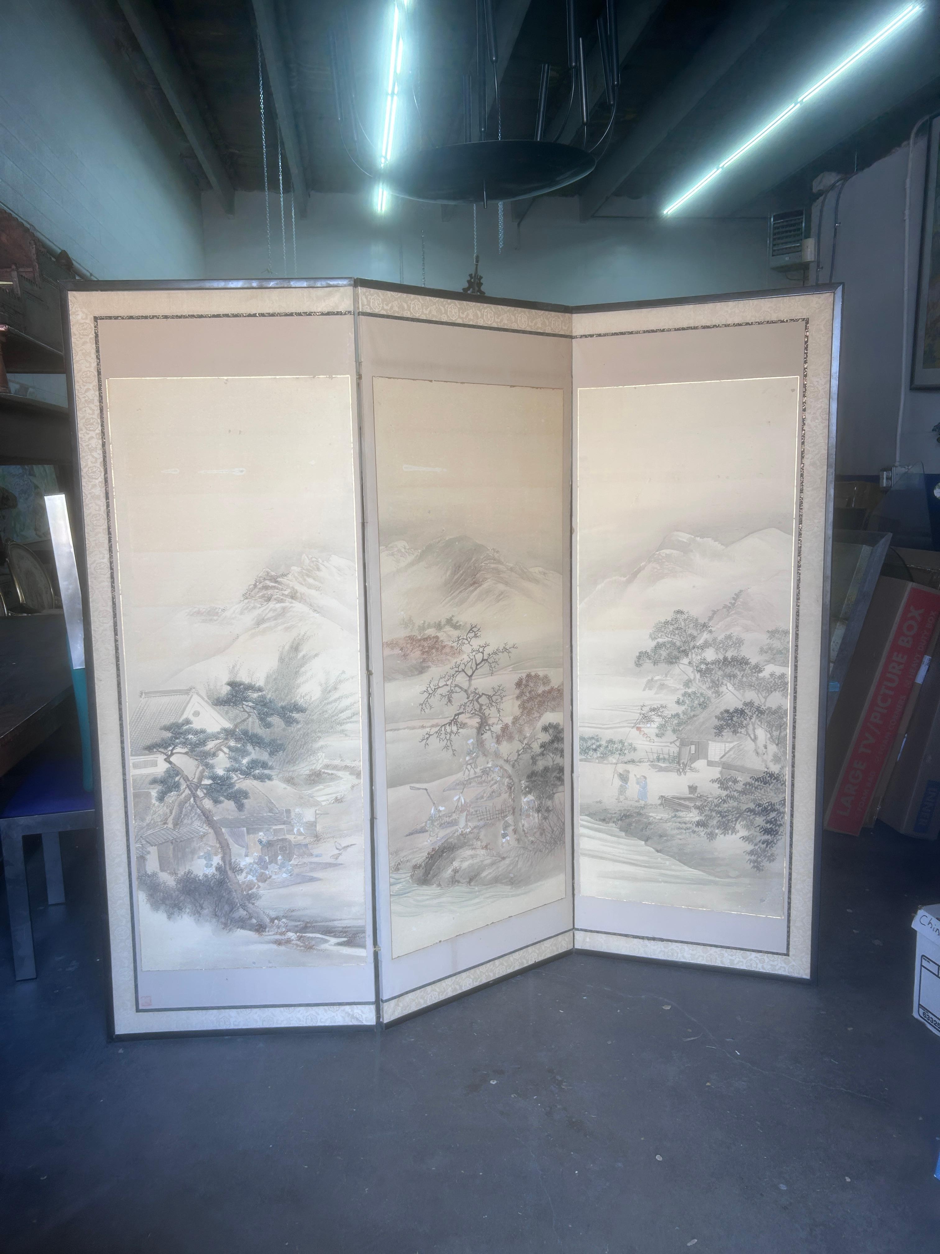 Antico paravento cinese in stile dinastia Qing a 3 pannelli con pittura a inchiostro in vendita 9