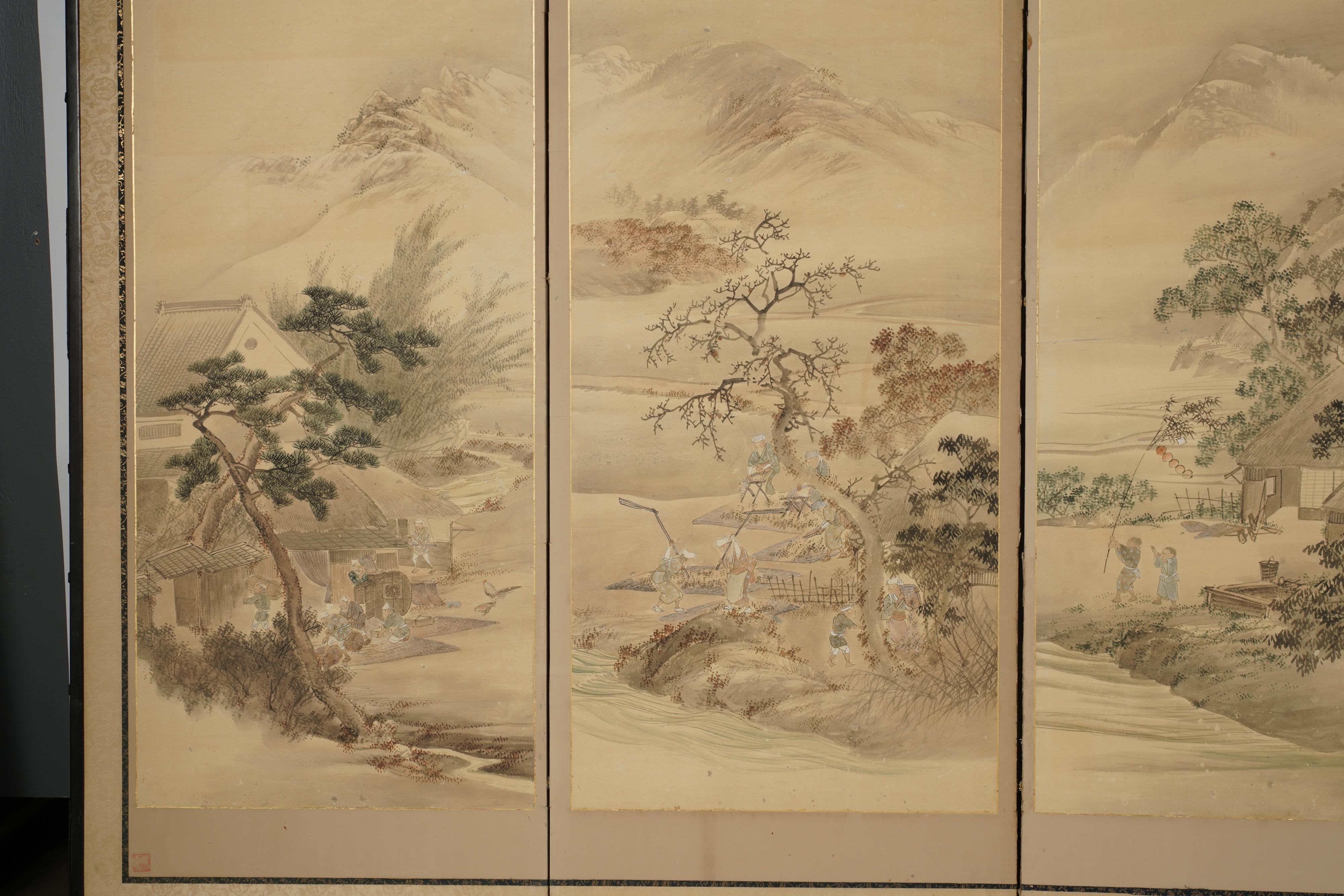Grande paravento antico cinese in stile dinastia Qing a 3 pannelli con pittura a inchiostro. Dipinto a inchiostro e colori su carta

Dimensioni: 
Ogni pannello: 67 x 24 1/2 pollici (170,2 x 62,2 cm)

Acquistato dalla casa d'aste Abell nel