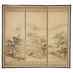 Antique Chinese Qing dynasty Style 3 Panel Folding Screen With Ink Painting
