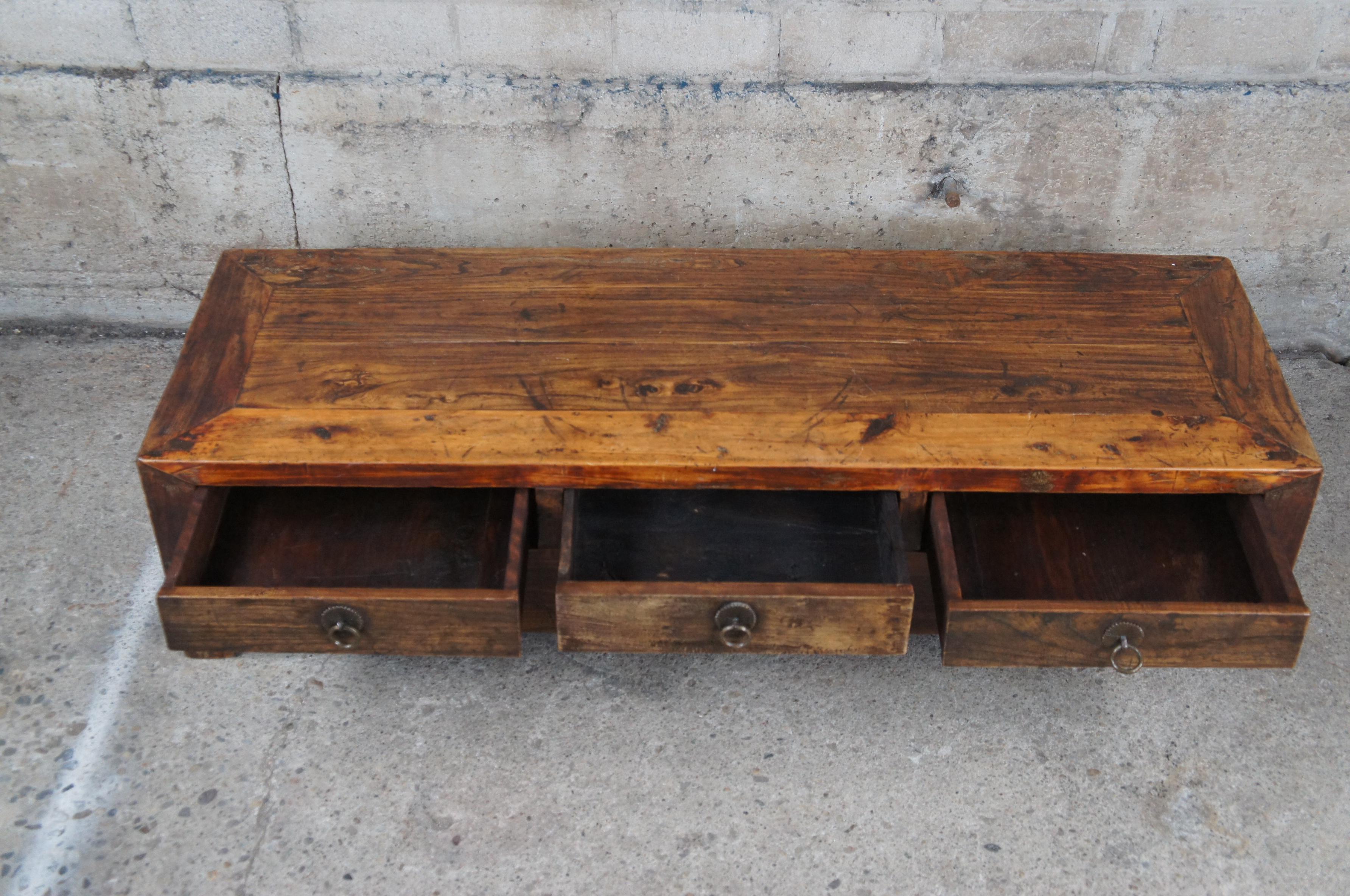 Brass Antique Chinese Qing Dynasty Three Drawer Elm Altar Console or Coffee Table