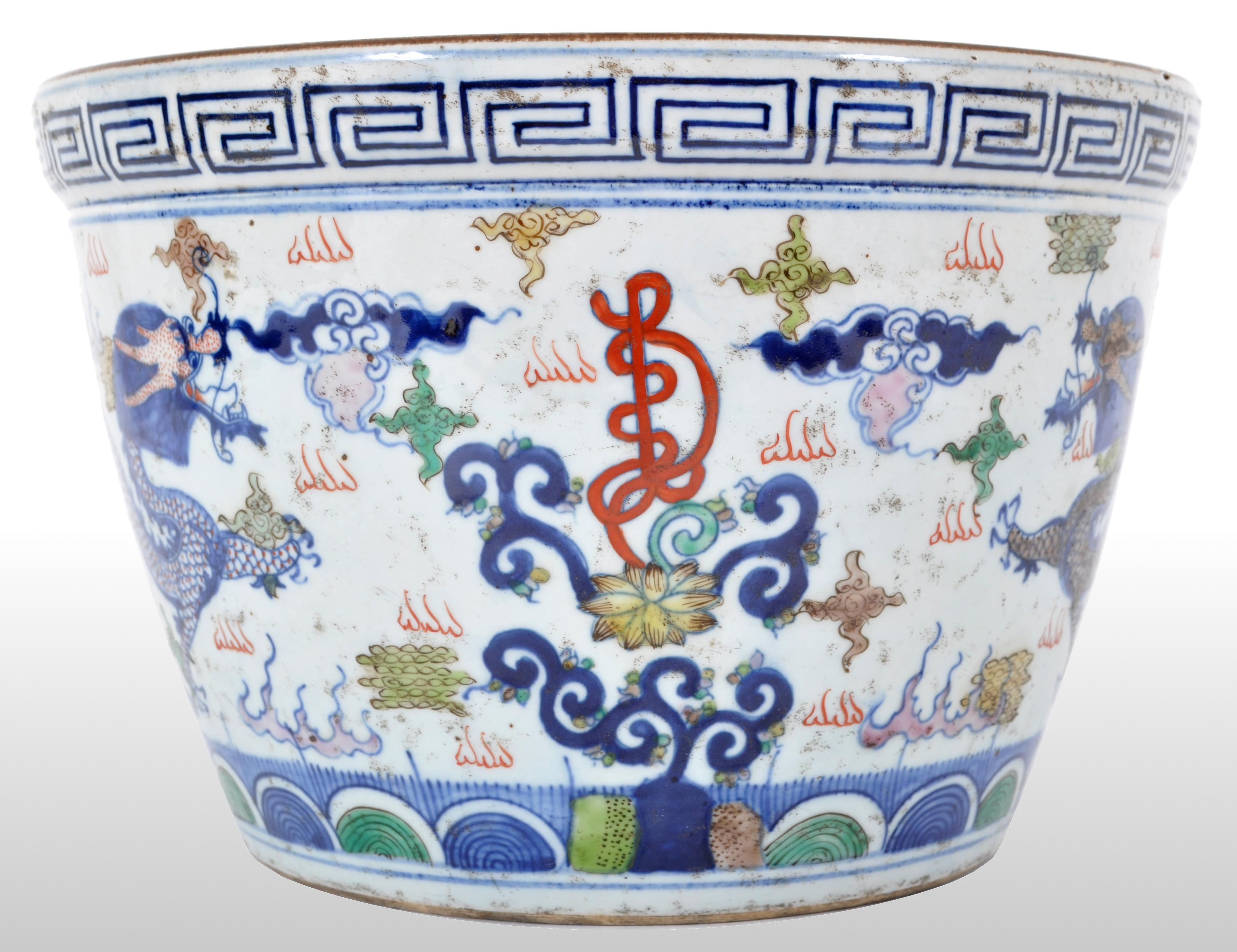 Hand-Painted Antique Chinese Qing Dynasty Wucai Kangxi Period Porcelain Dragon Censer Bowl