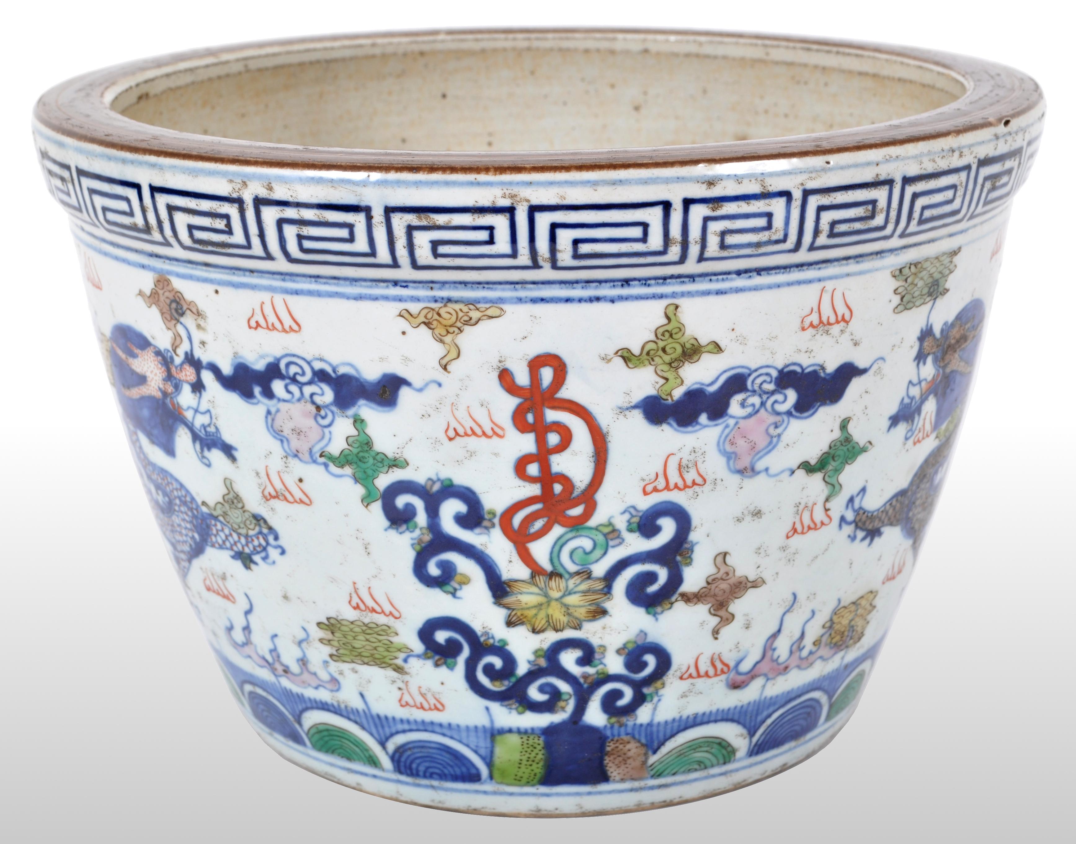 Antique Chinese Qing Dynasty Wucai Kangxi Period Porcelain Dragon Censer Bowl In Good Condition In Portland, OR