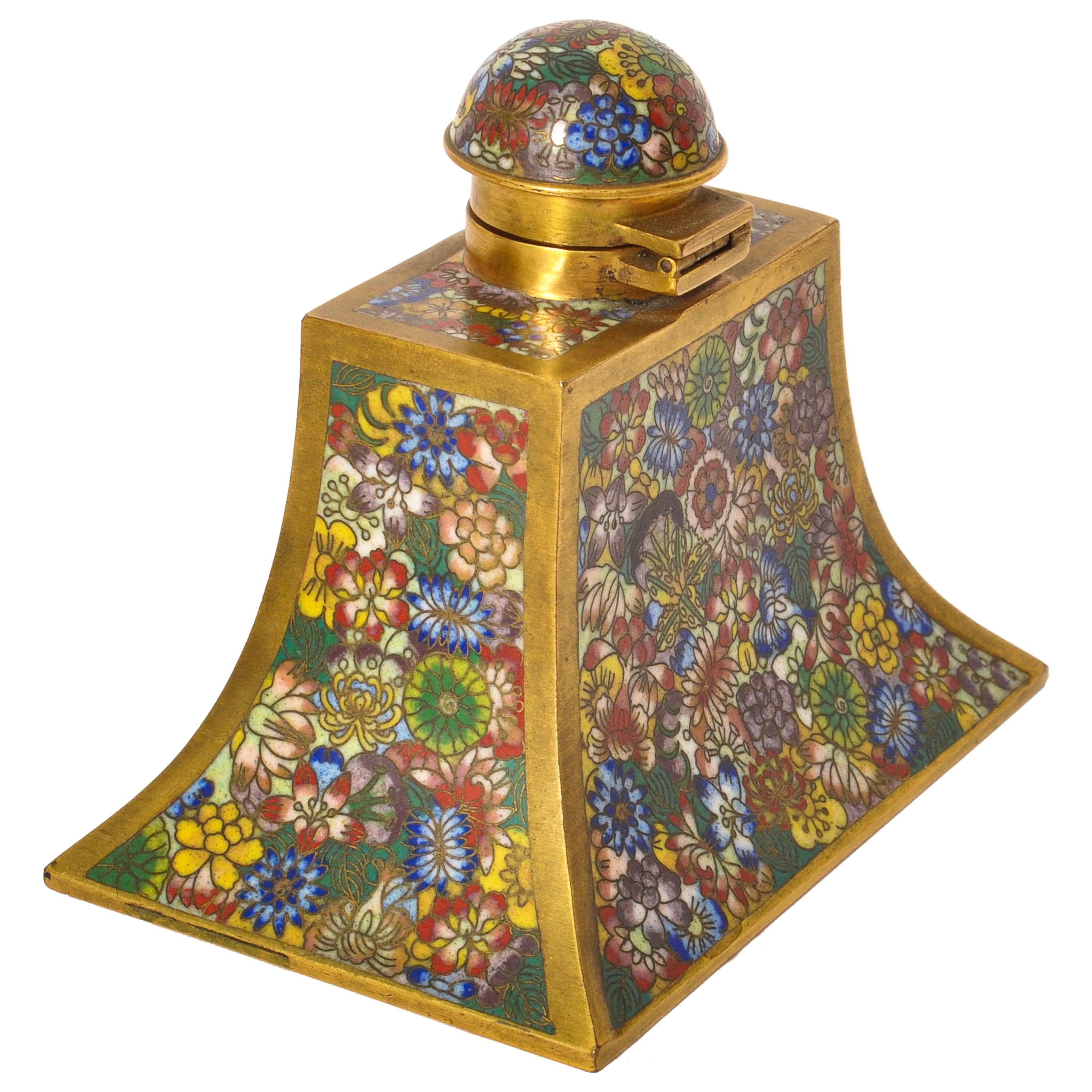 Antique Chinese Qing Enamel Mille Fleur Cloisonné Desk Writing Set Inkwell, 1900 1