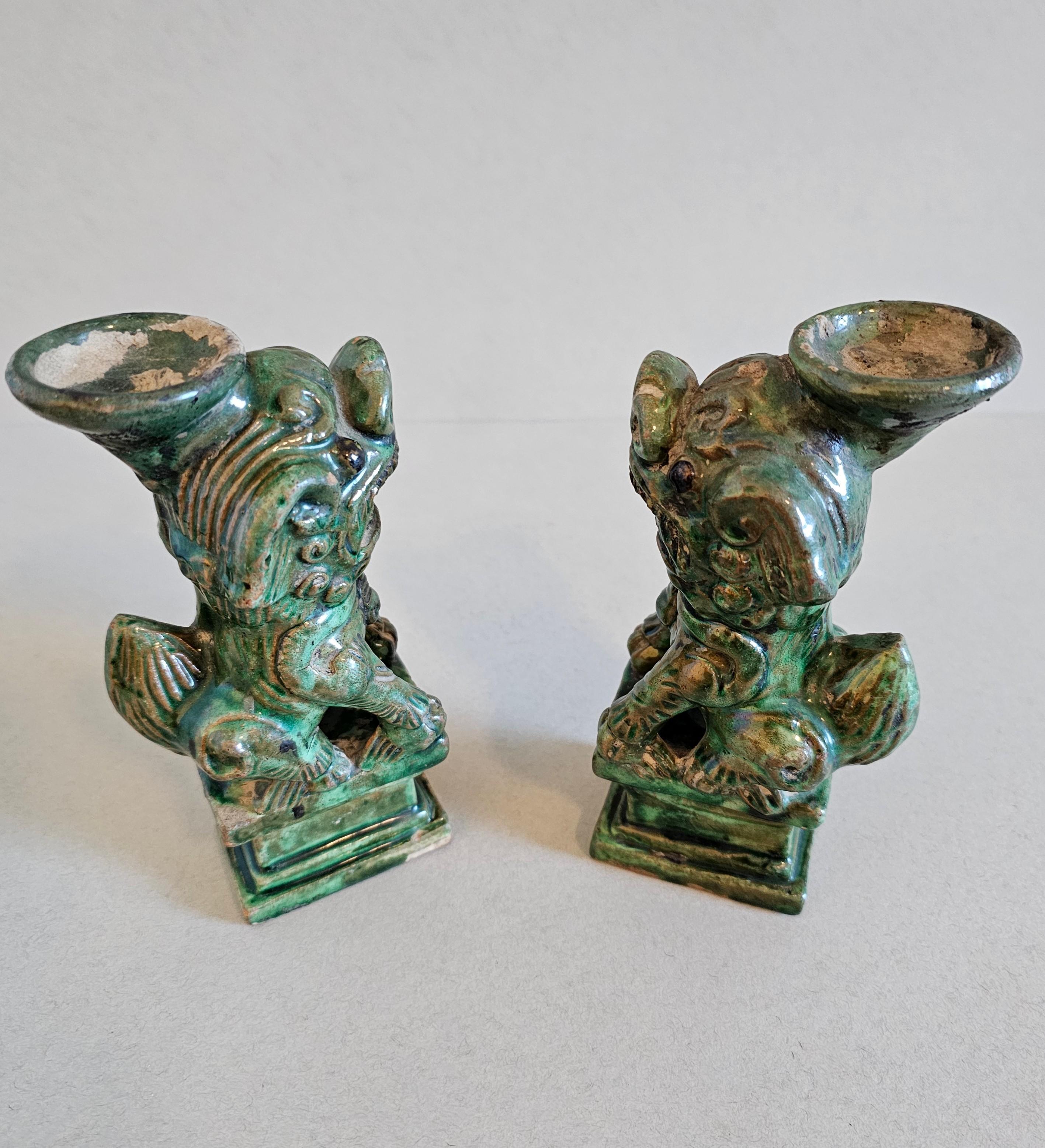Antique Chinese Qing Green Glazed Foo Dog Lion Joss Stick Incense Holder Pair For Sale 5