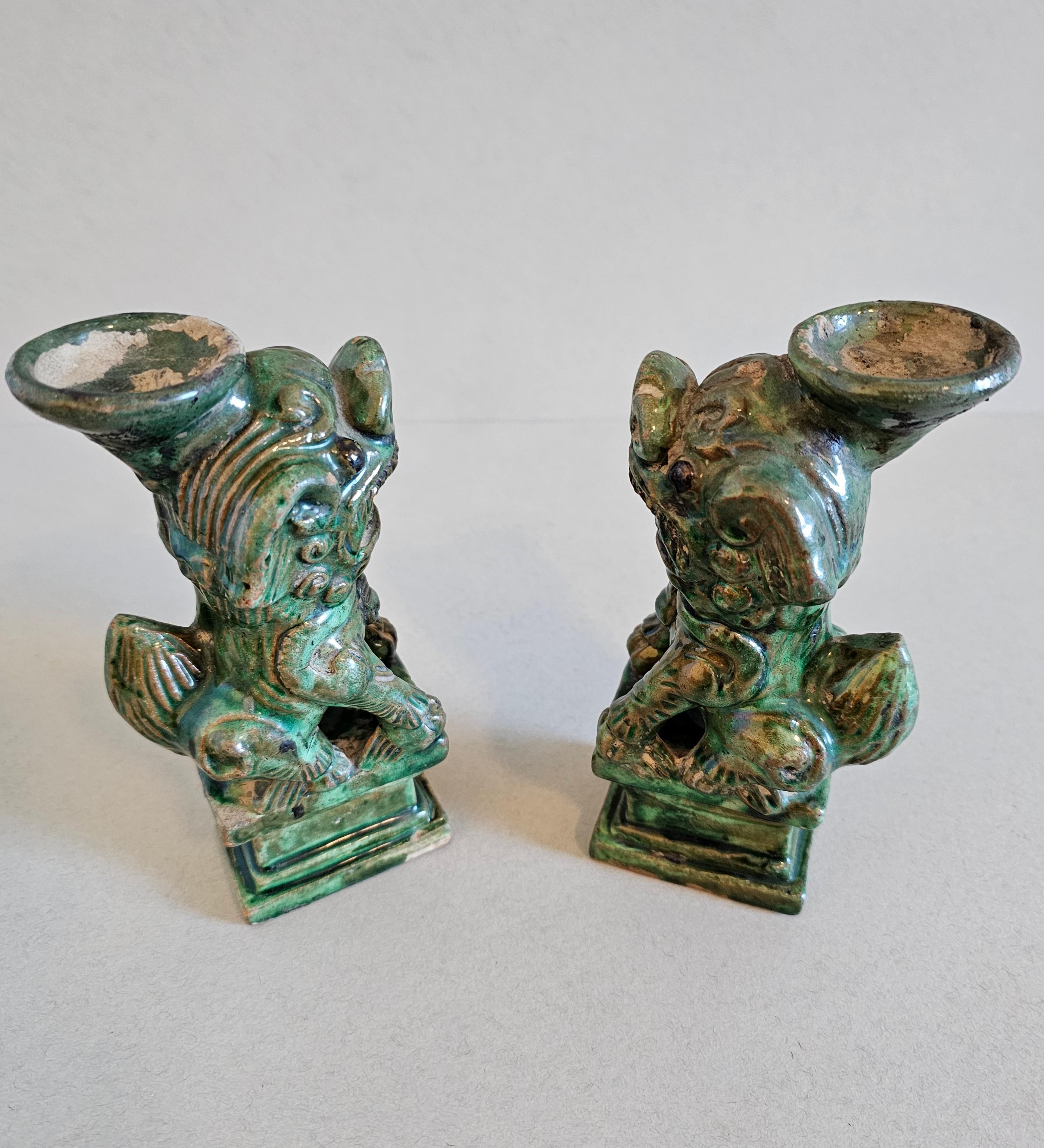 Antique Chinese Qing Green Glazed Foo Dog Lion Joss Stick Incense Holder Pair 5