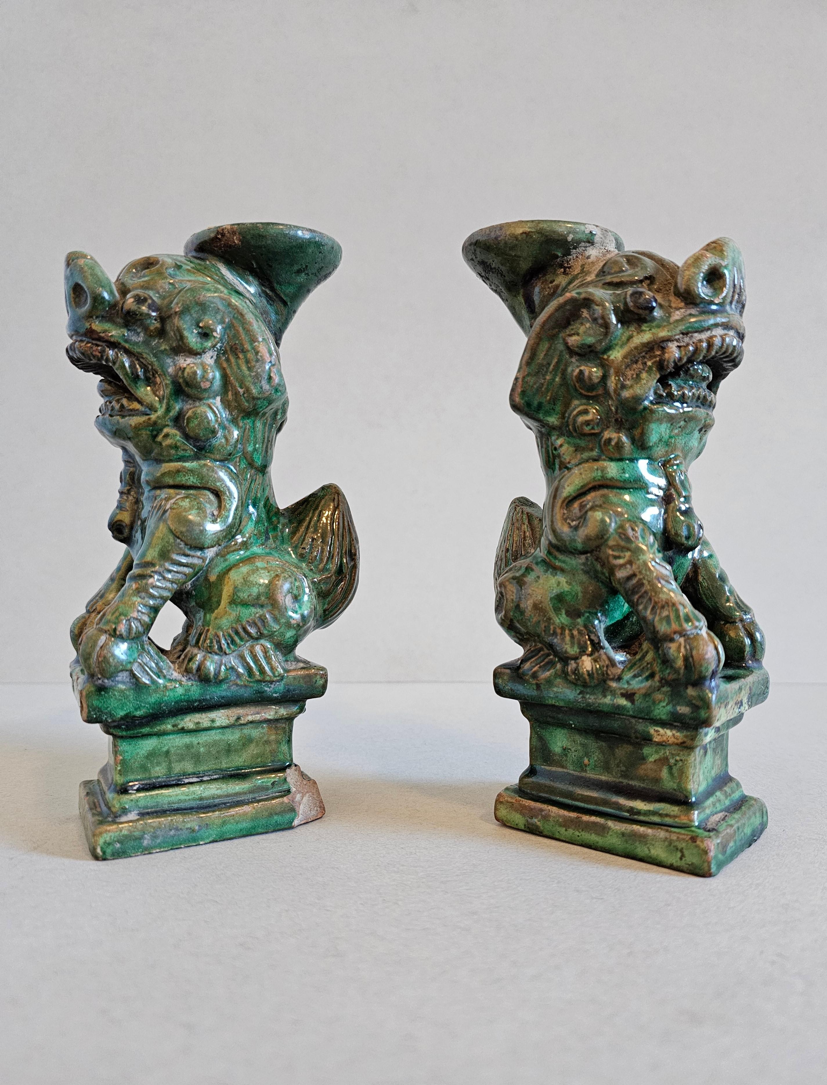 Antique Chinese Qing Green Glazed Foo Dog Lion Joss Stick Incense Holder Pair For Sale 6