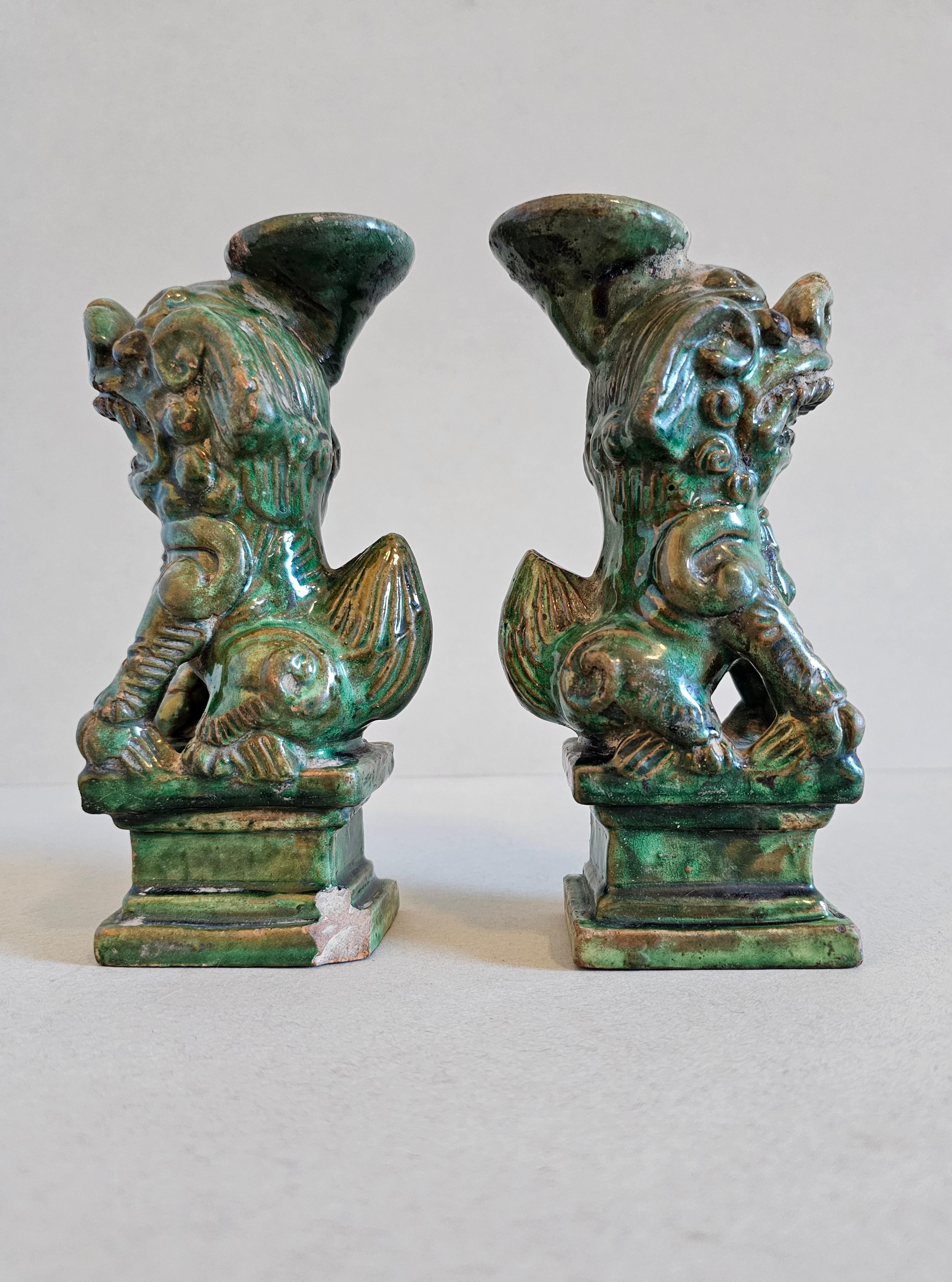 Antique Chinese Qing Green Glazed Foo Dog Lion Joss Stick Incense Holder Pair For Sale 7