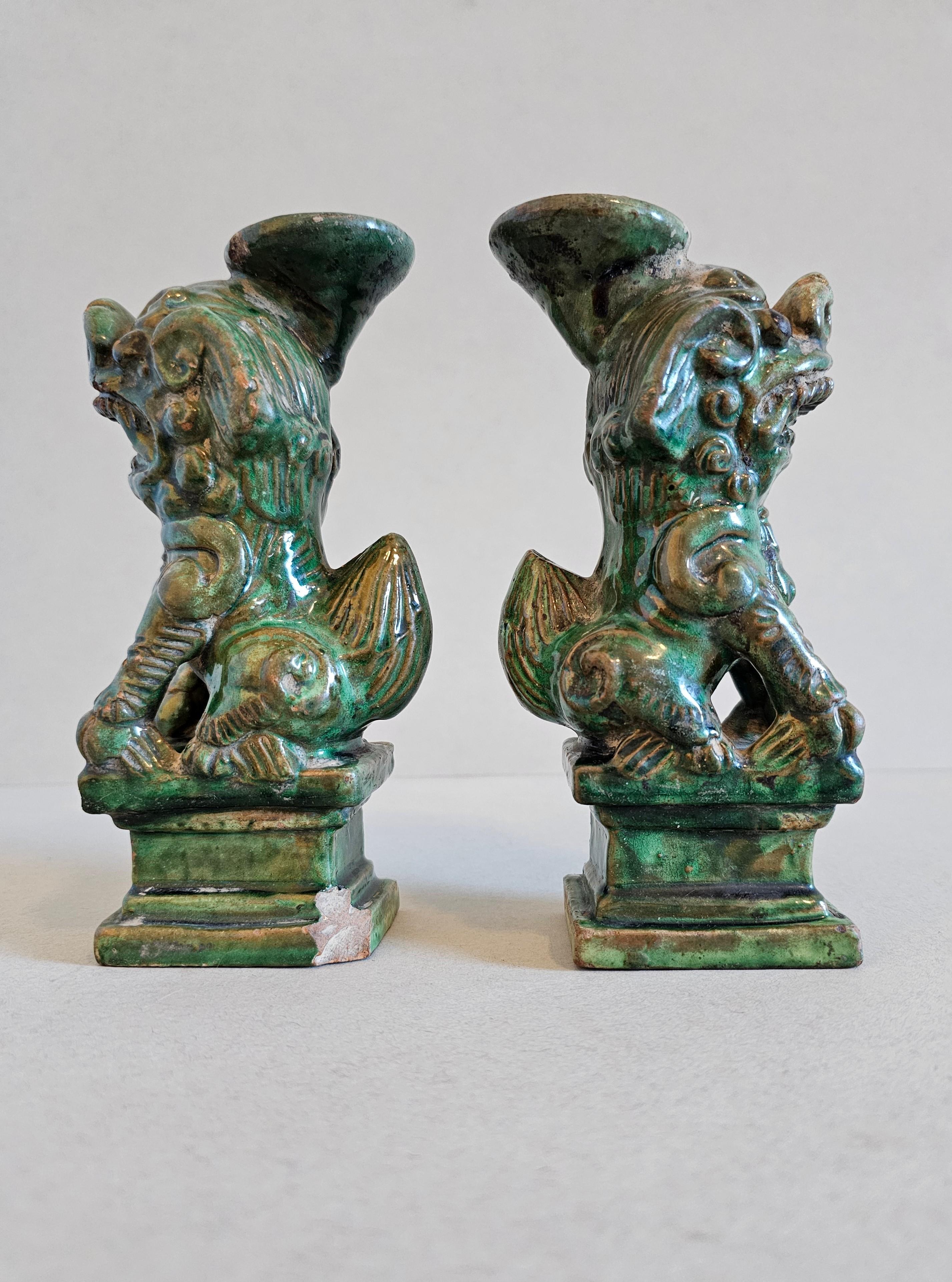 Antique Chinese Qing Green Glazed Foo Dog Lion Joss Stick Incense Holder Pair 7