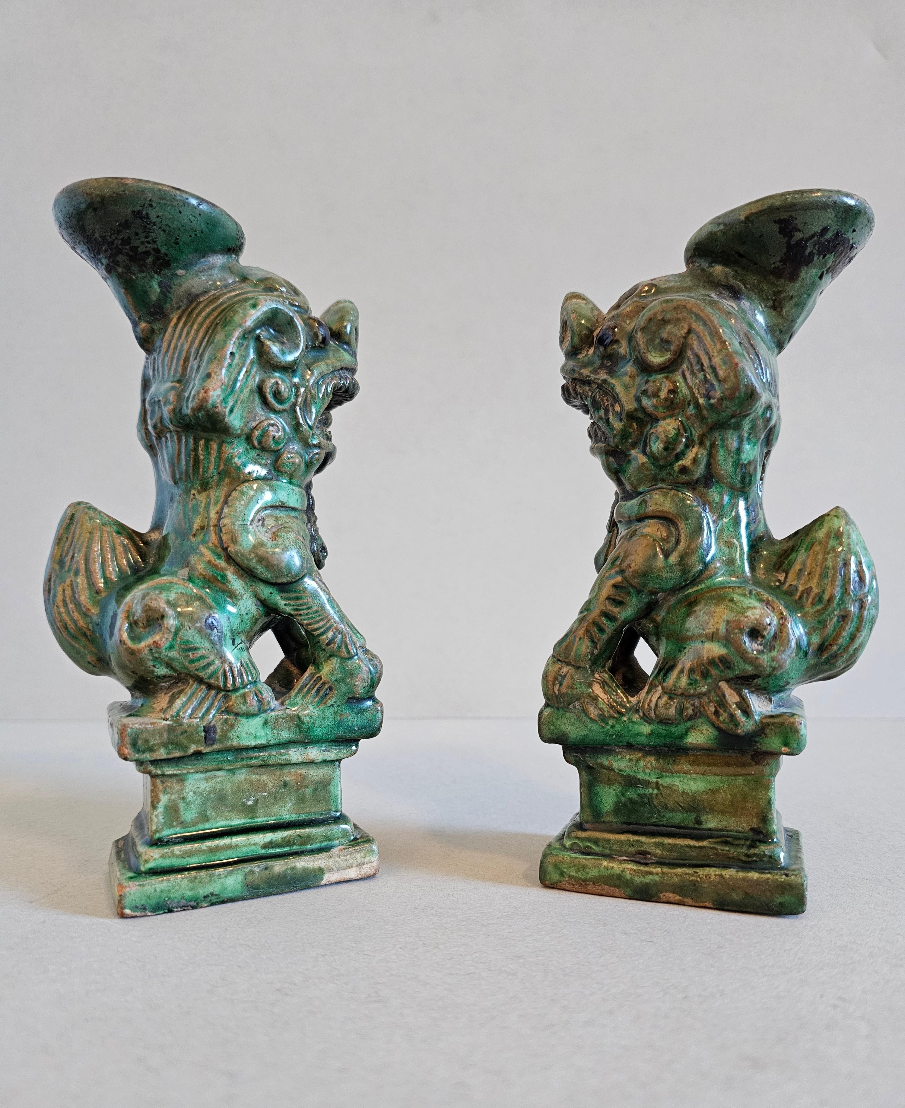 Antique Chinese Qing Green Glazed Foo Dog Lion Joss Stick Incense Holder Pair For Sale 8