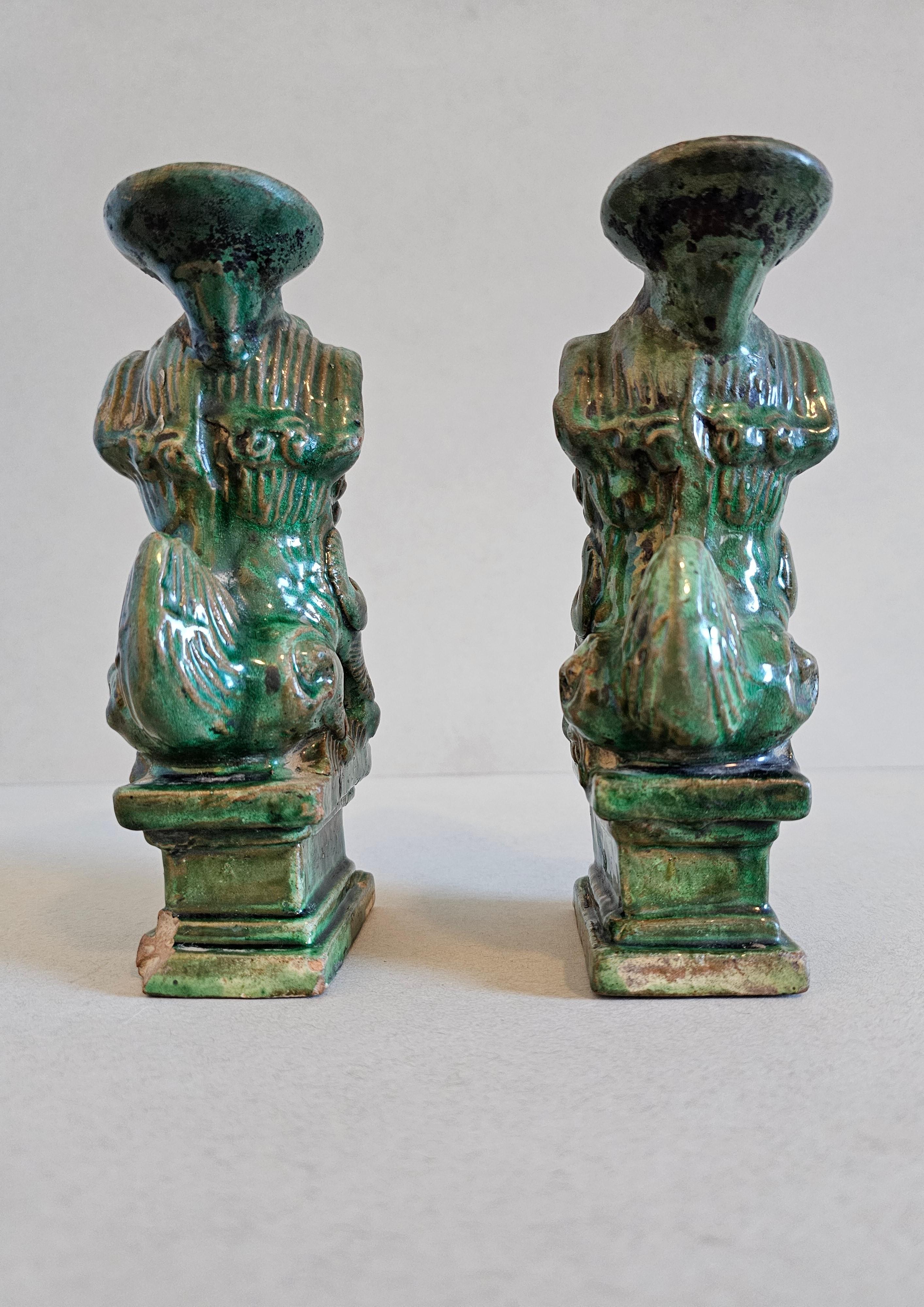 Antique Chinese Qing Green Glazed Foo Dog Lion Joss Stick Incense Holder Pair 9