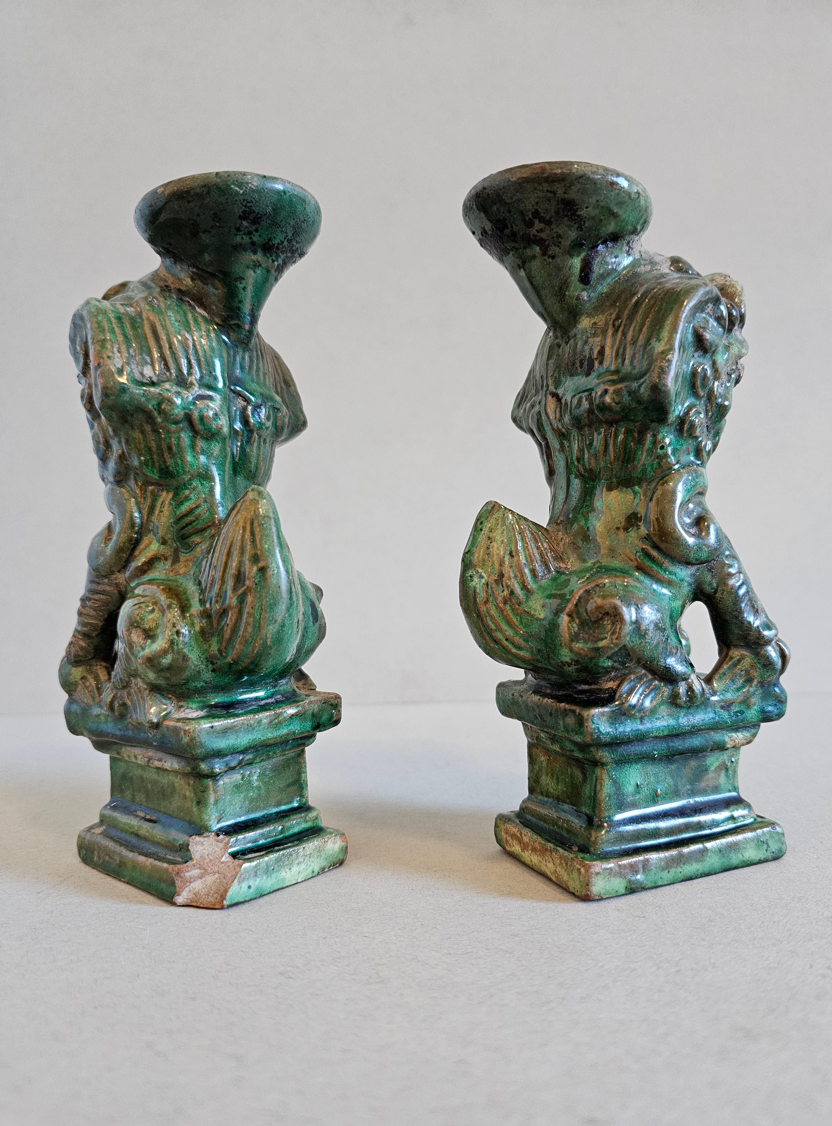 Antique Chinese Qing Green Glazed Foo Dog Lion Joss Stick Incense Holder Pair 10