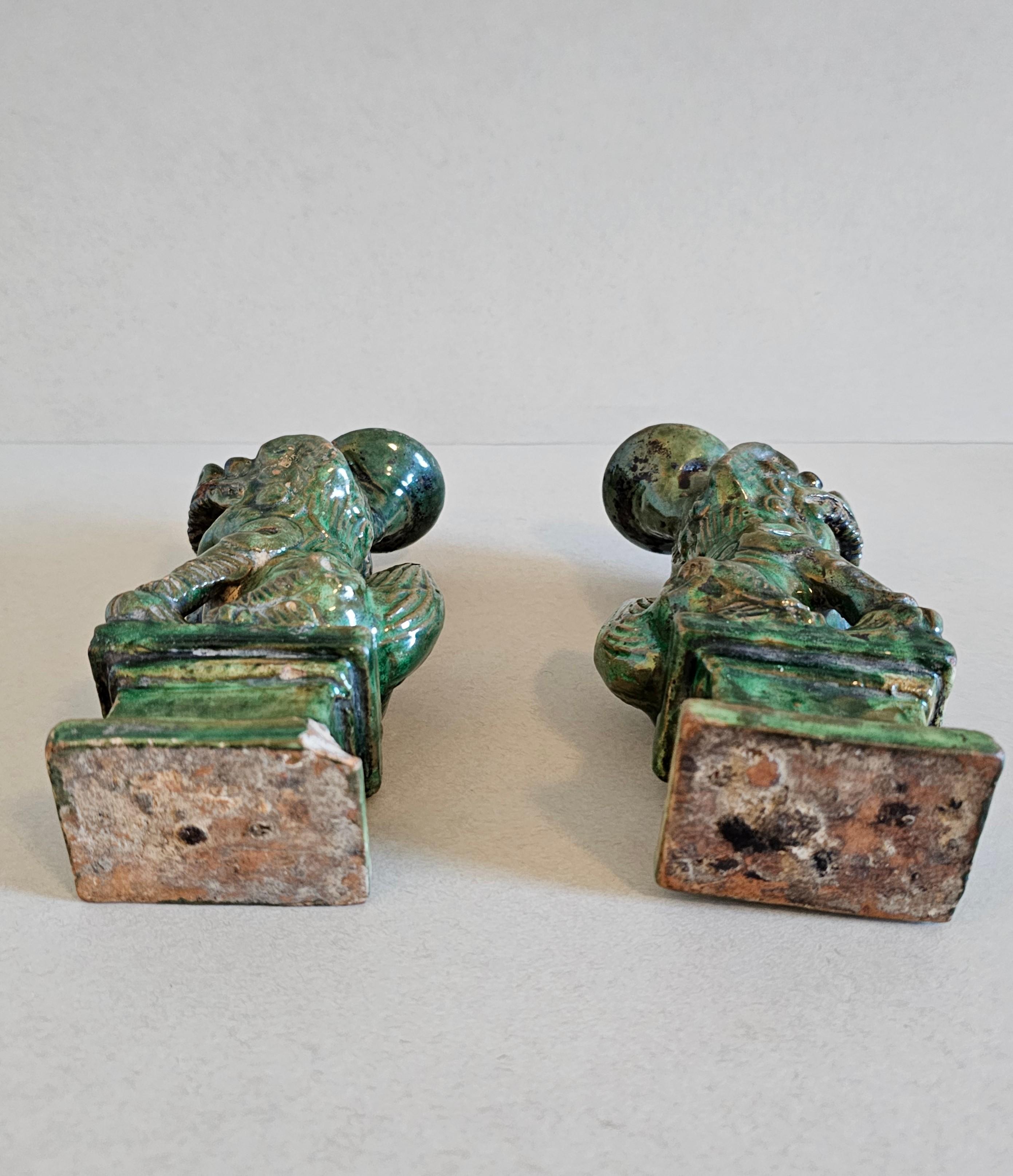 Antique Chinese Qing Green Glazed Foo Dog Lion Joss Stick Incense Holder Pair 11