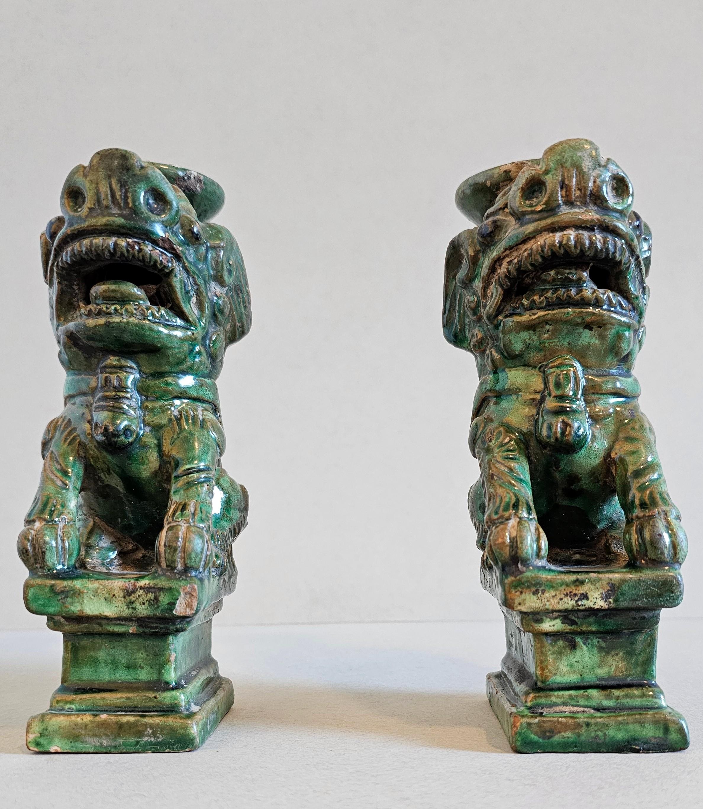 Antique Chinese Qing Green Glazed Foo Dog Lion Joss Stick Incense Holder Pair 12