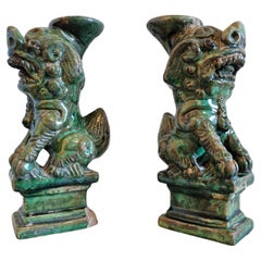 Antique Chinese Qing Green Glazed Foo Dog Lion Joss Stick Incense Holder Pair