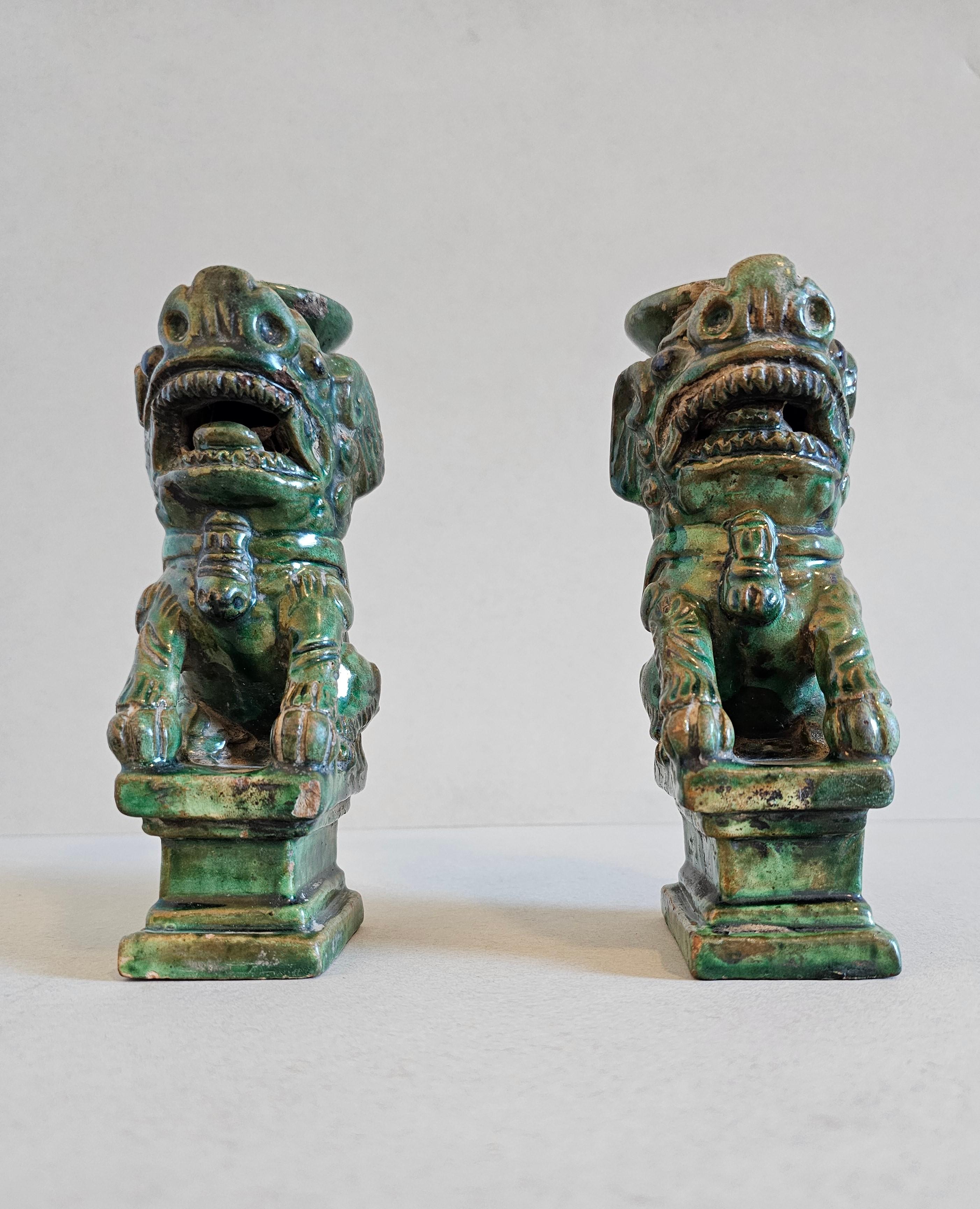 19th Century Antique Chinese Qing Green Glazed Foo Dog Lion Joss Stick Incense Holder Pair For Sale