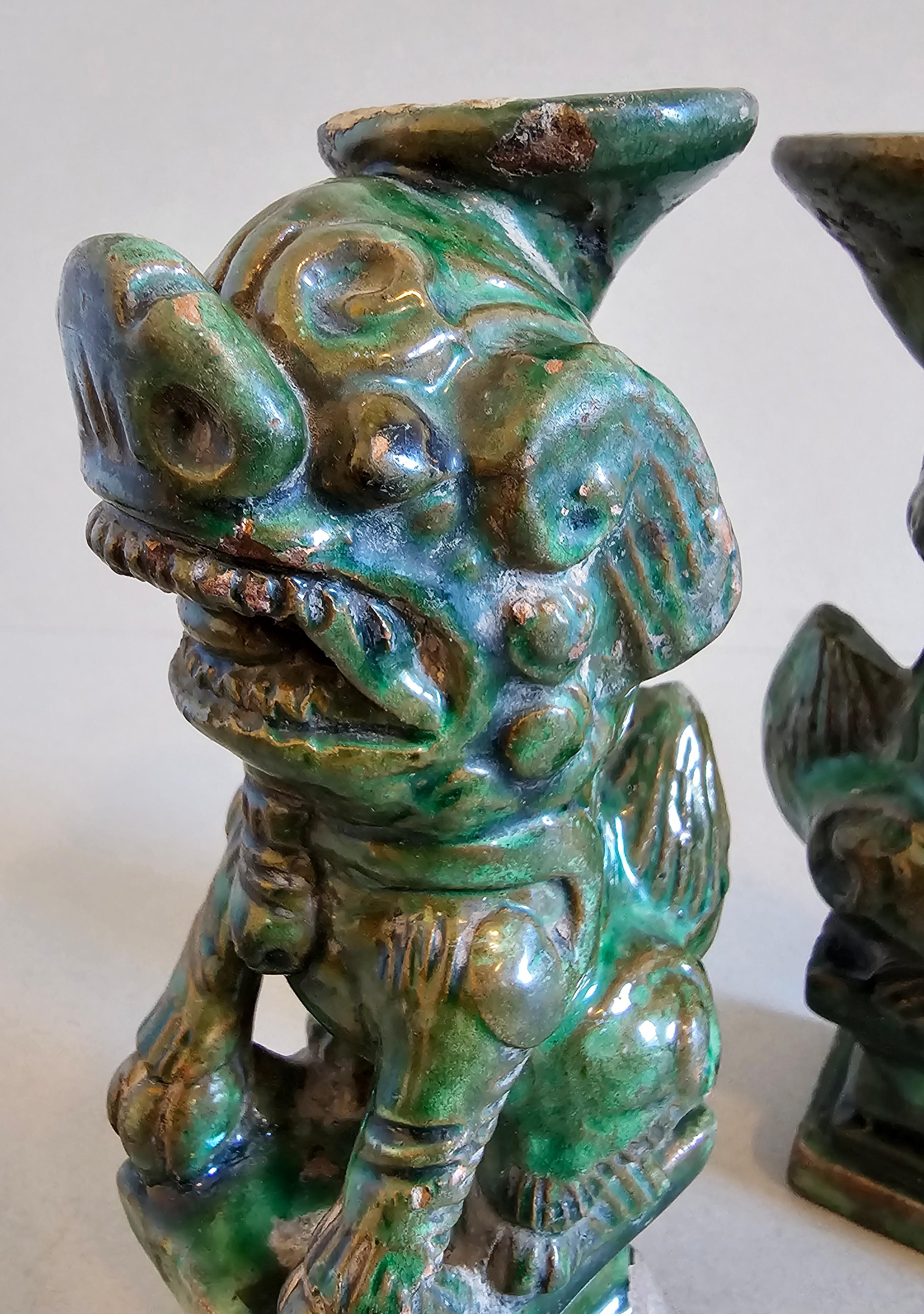 Ceramic Antique Chinese Qing Green Glazed Foo Dog Lion Joss Stick Incense Holder Pair For Sale