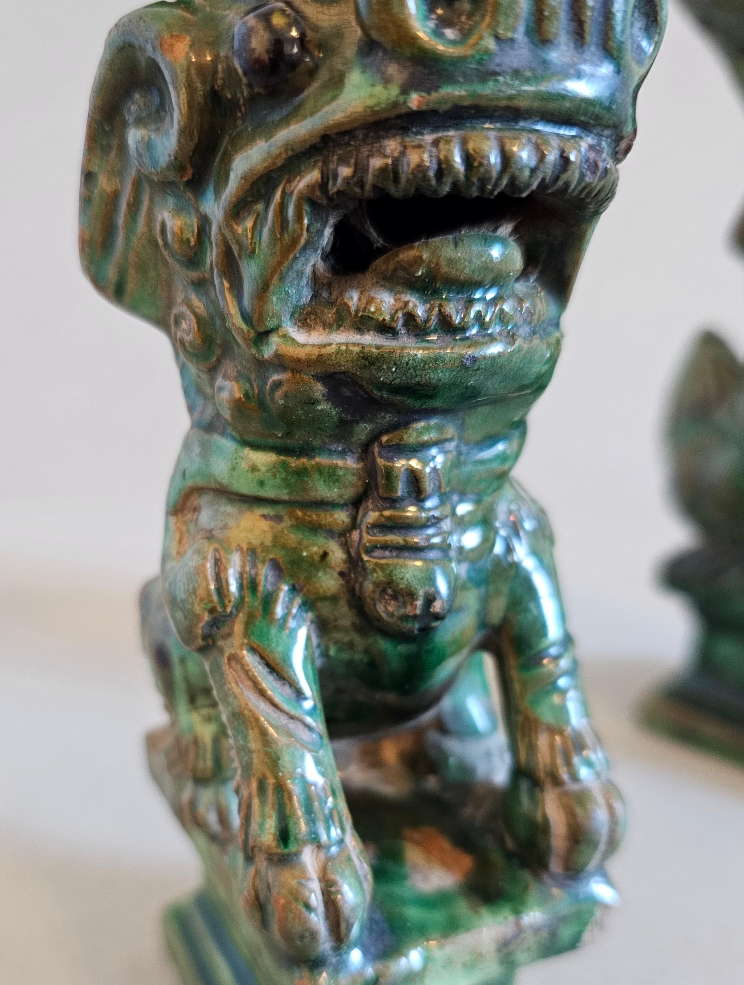 Antique Chinese Qing Green Glazed Foo Dog Lion Joss Stick Incense Holder Pair 1