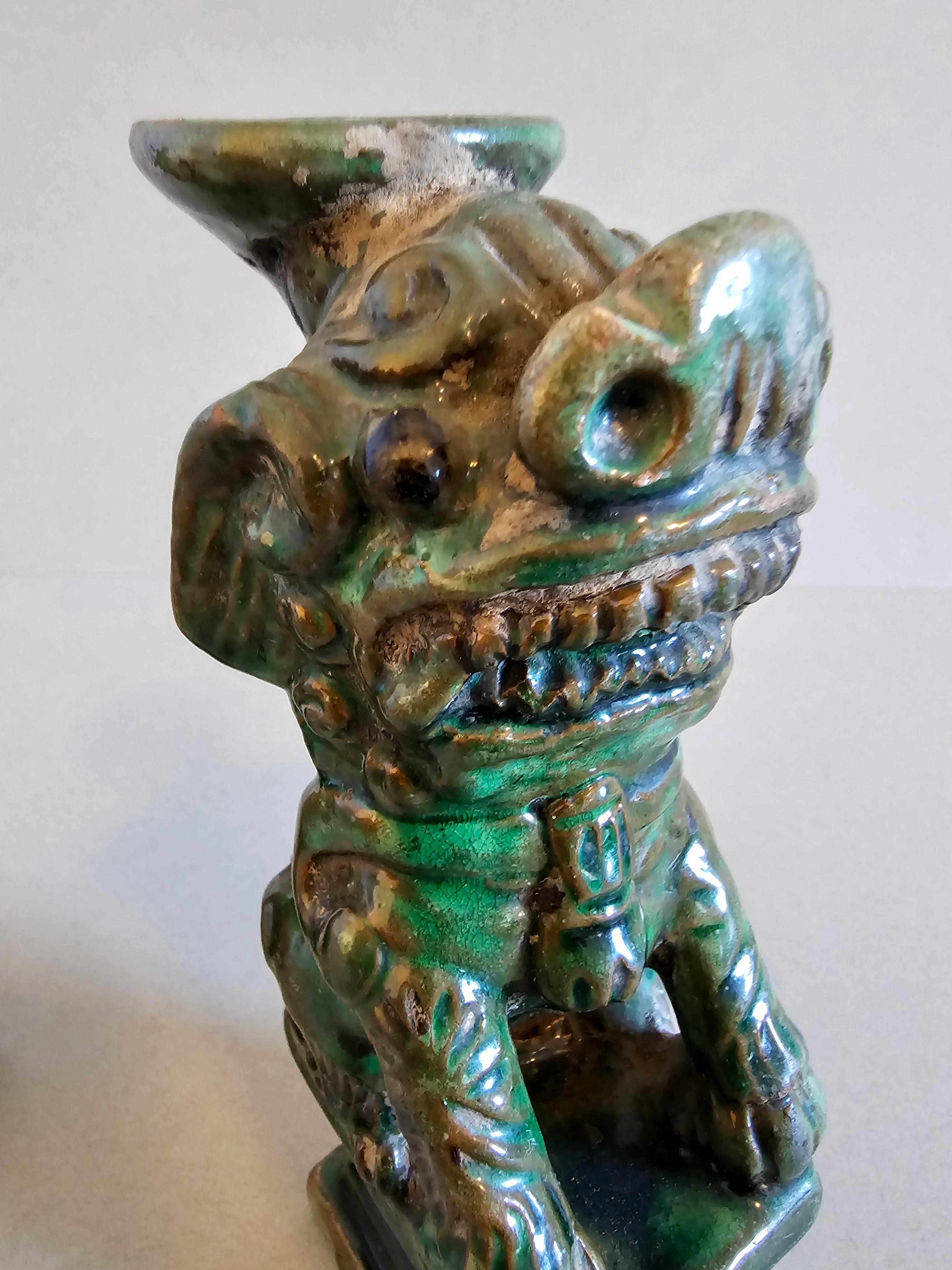 Antique Chinese Qing Green Glazed Foo Dog Lion Joss Stick Incense Holder Pair For Sale 2