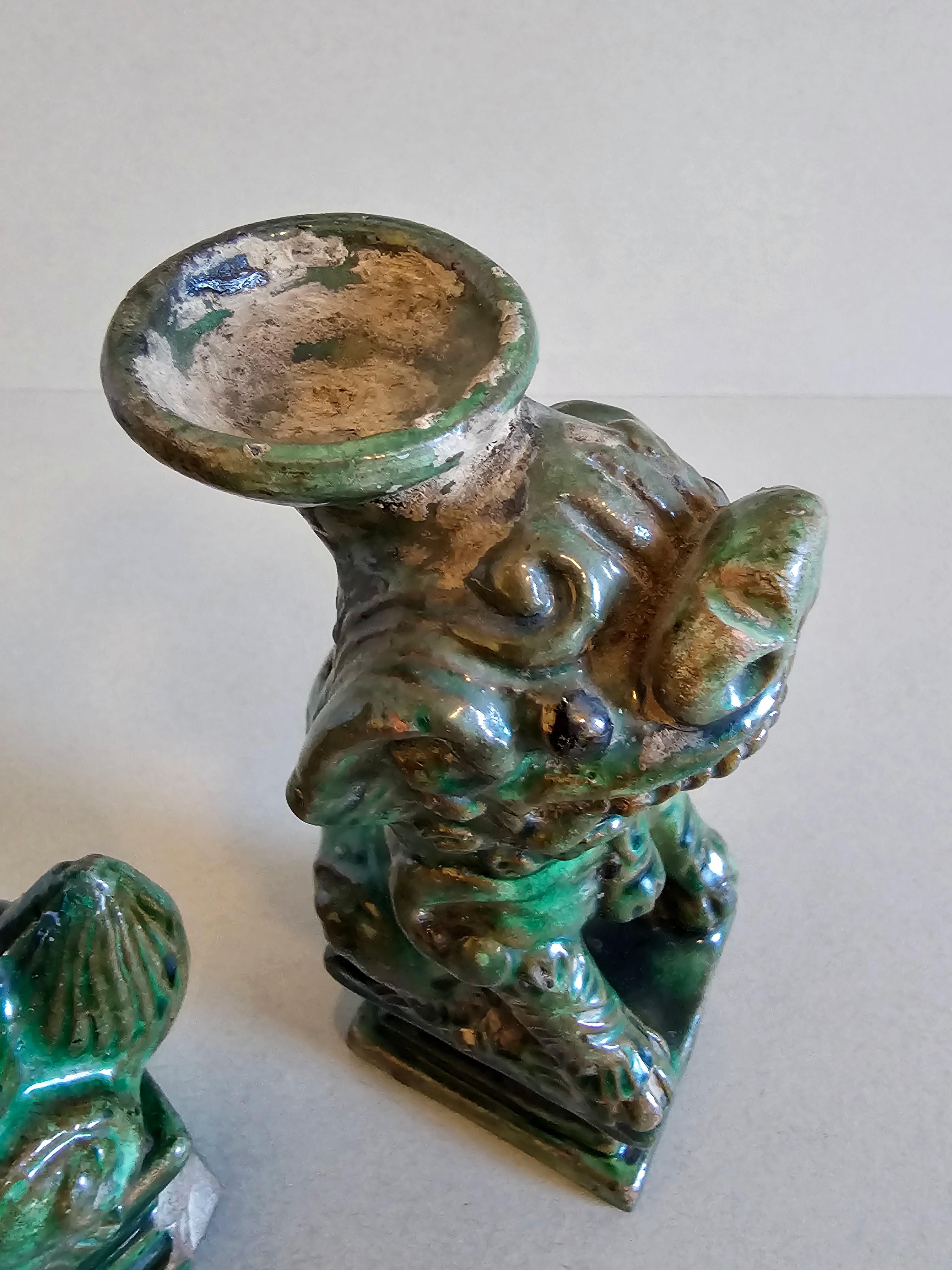 Antique Chinese Qing Green Glazed Foo Dog Lion Joss Stick Incense Holder Pair 3