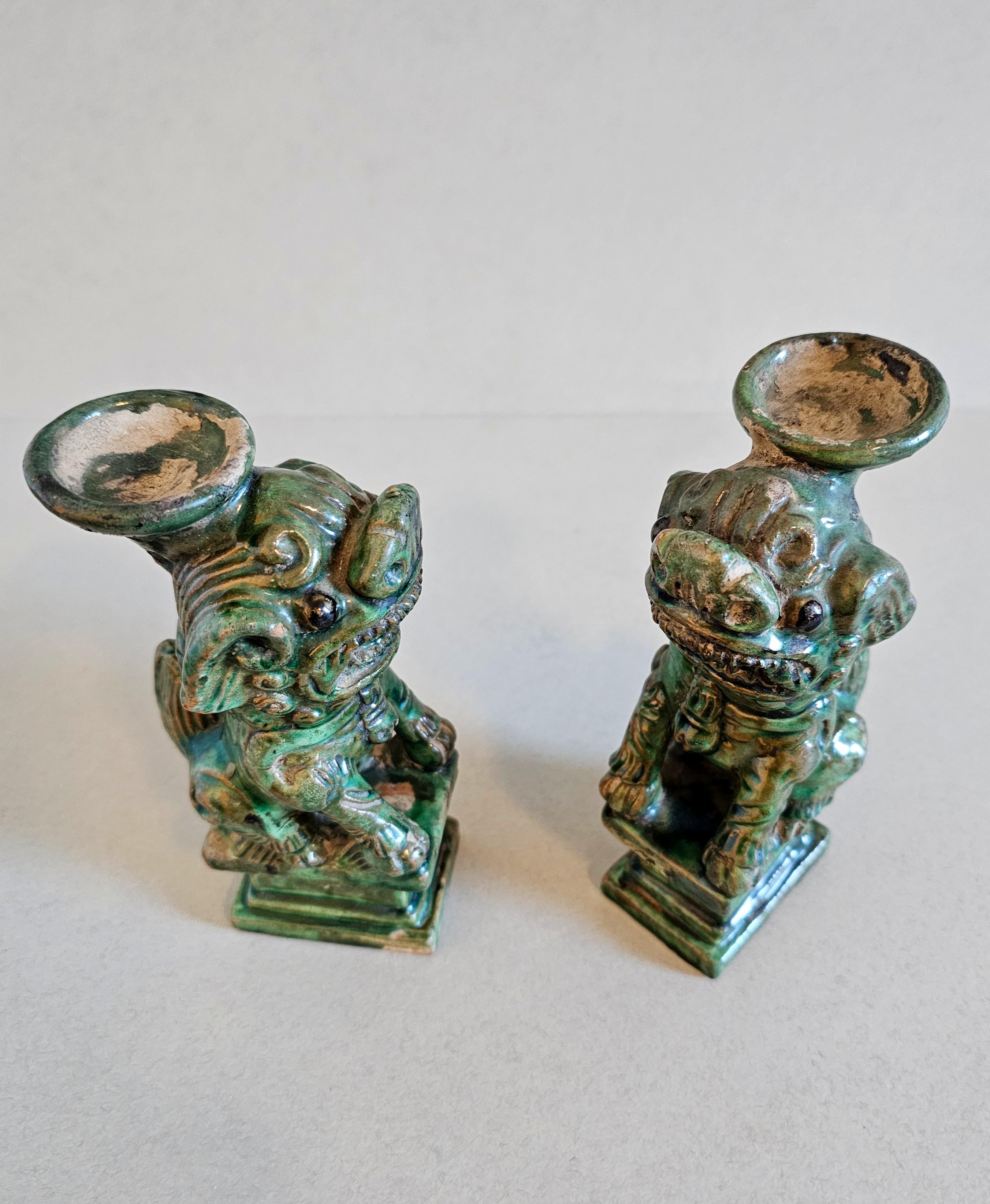 Antique Chinese Qing Green Glazed Foo Dog Lion Joss Stick Incense Holder Pair 4