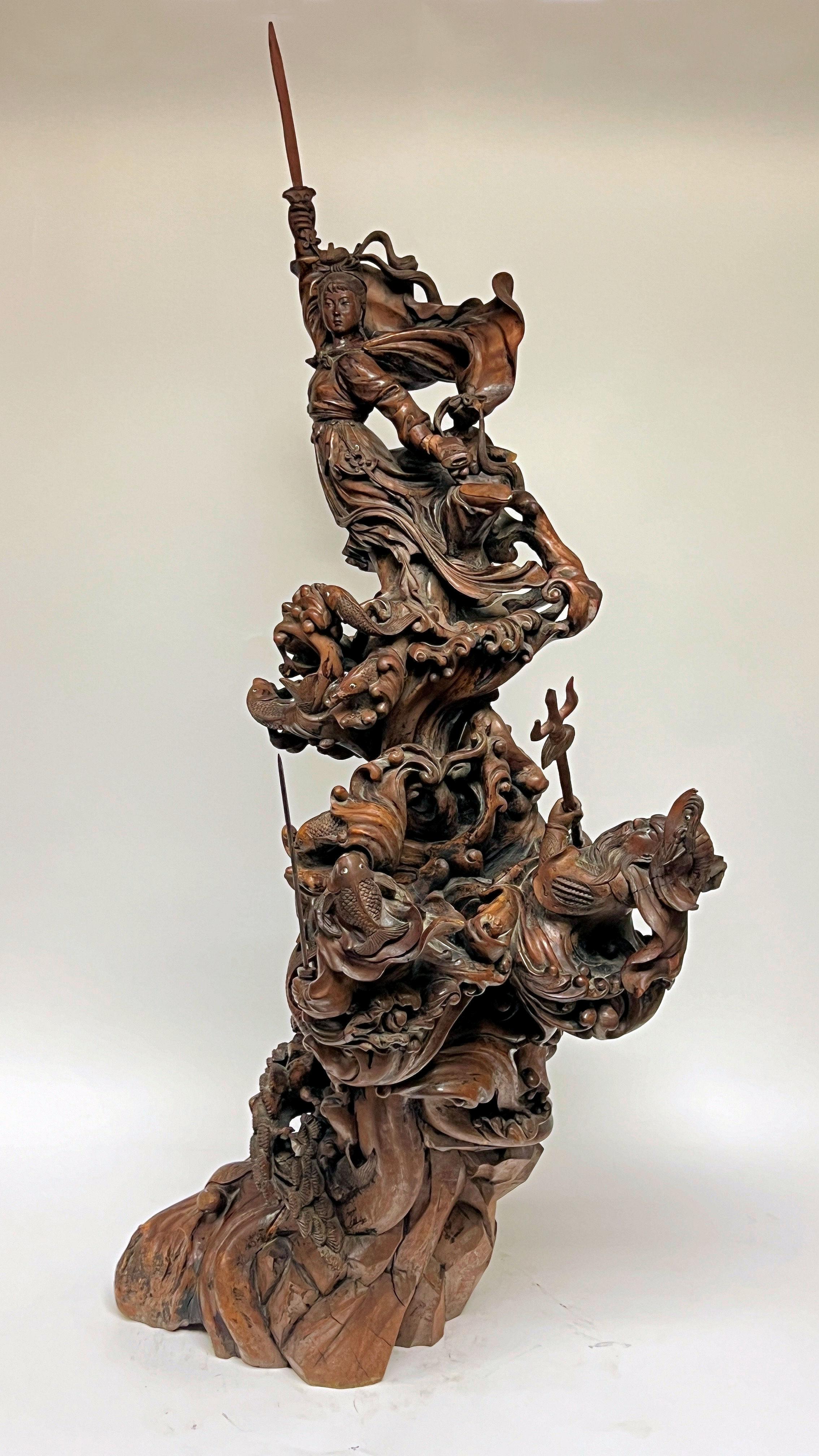 Antique Chinese Qing Period Carved Wooden Sculpture of Mythological Warriors For Sale 7
