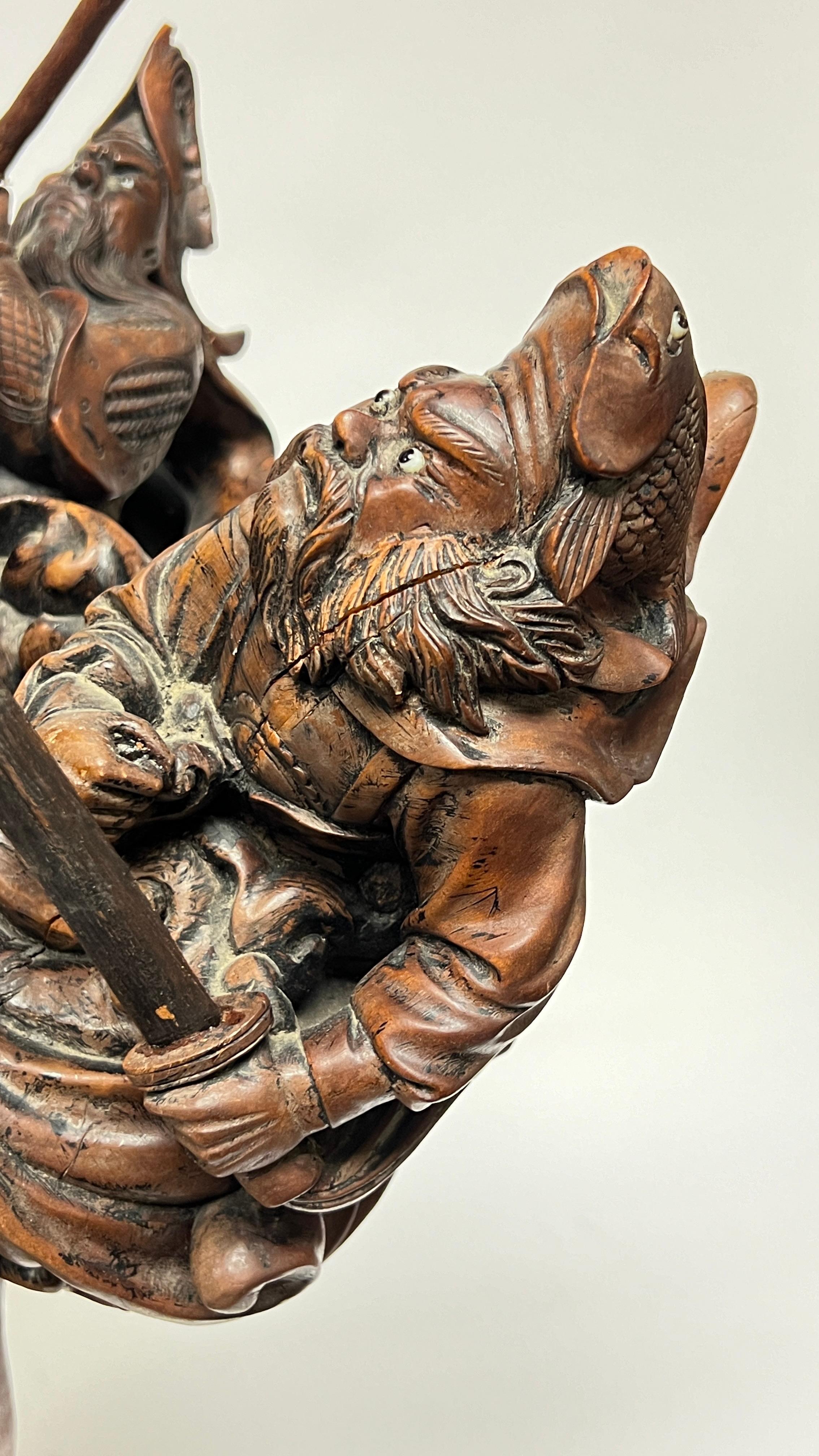 Antique Chinese Qing Period Carved Wooden Sculpture of Mythological Warriors For Sale 8