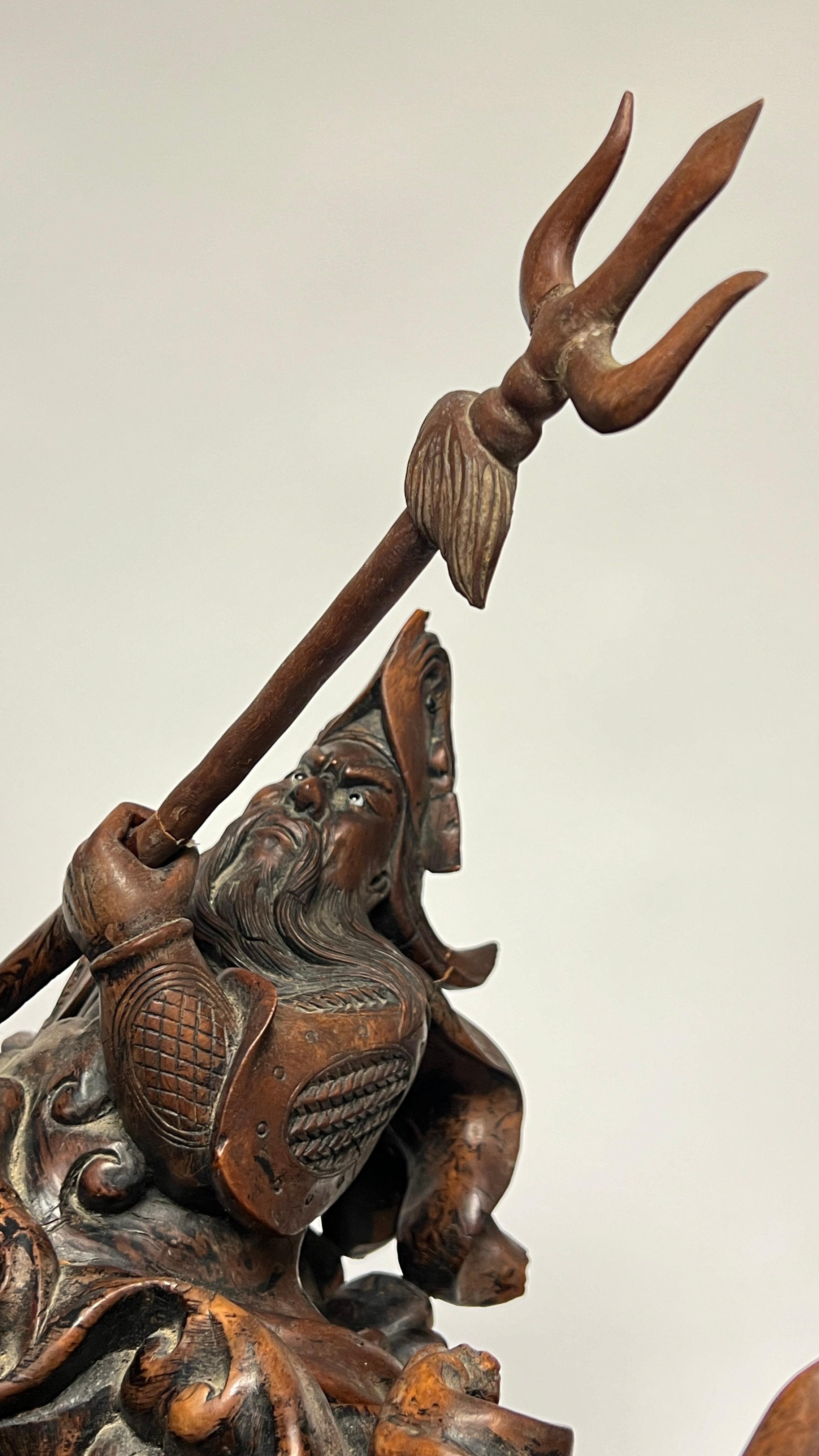 Antique Chinese Qing Period Carved Wooden Sculpture of Mythological Warriors For Sale 9