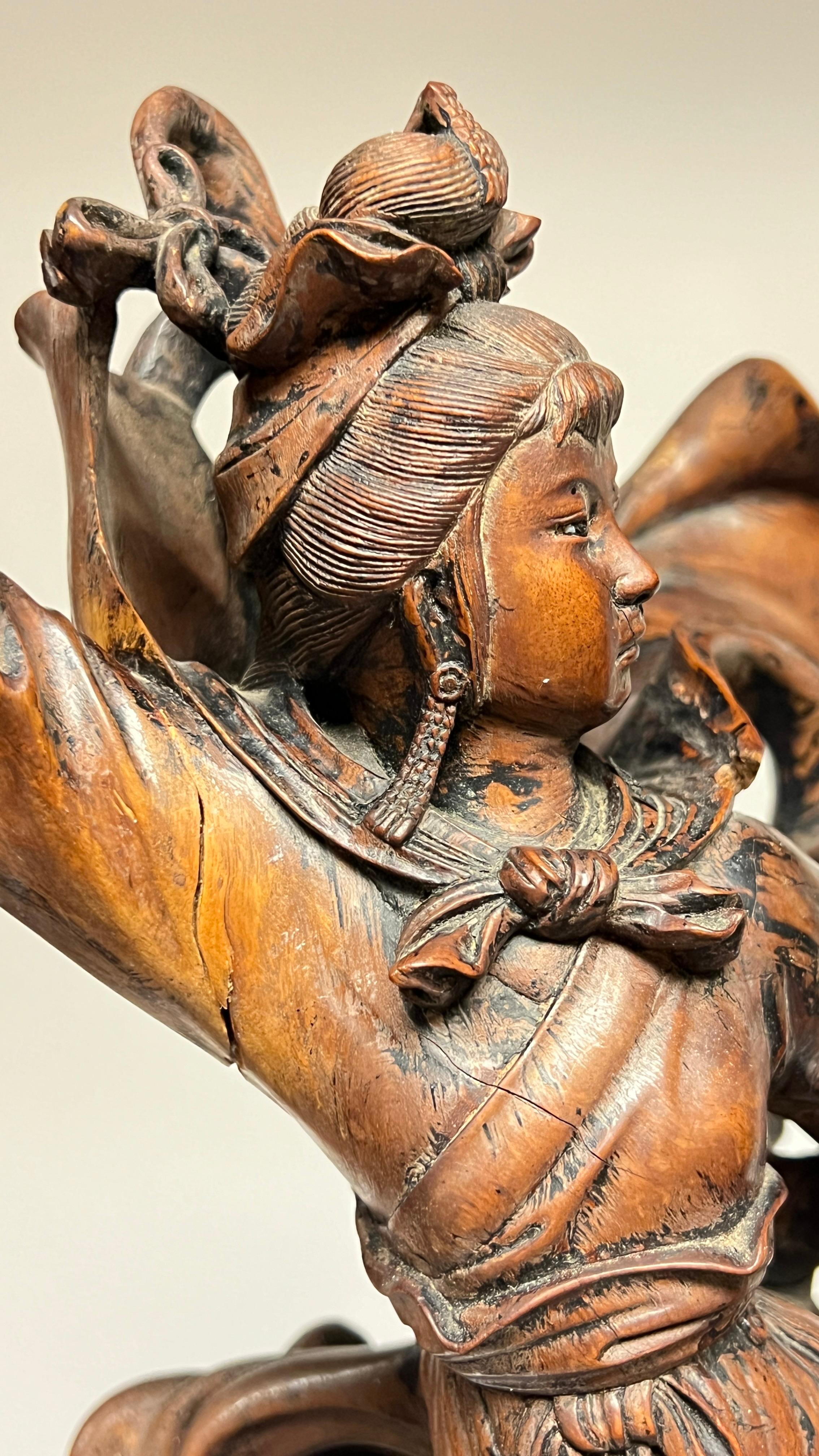 Antique Chinese Qing Period Carved Wooden Sculpture of Mythological Warriors For Sale 13
