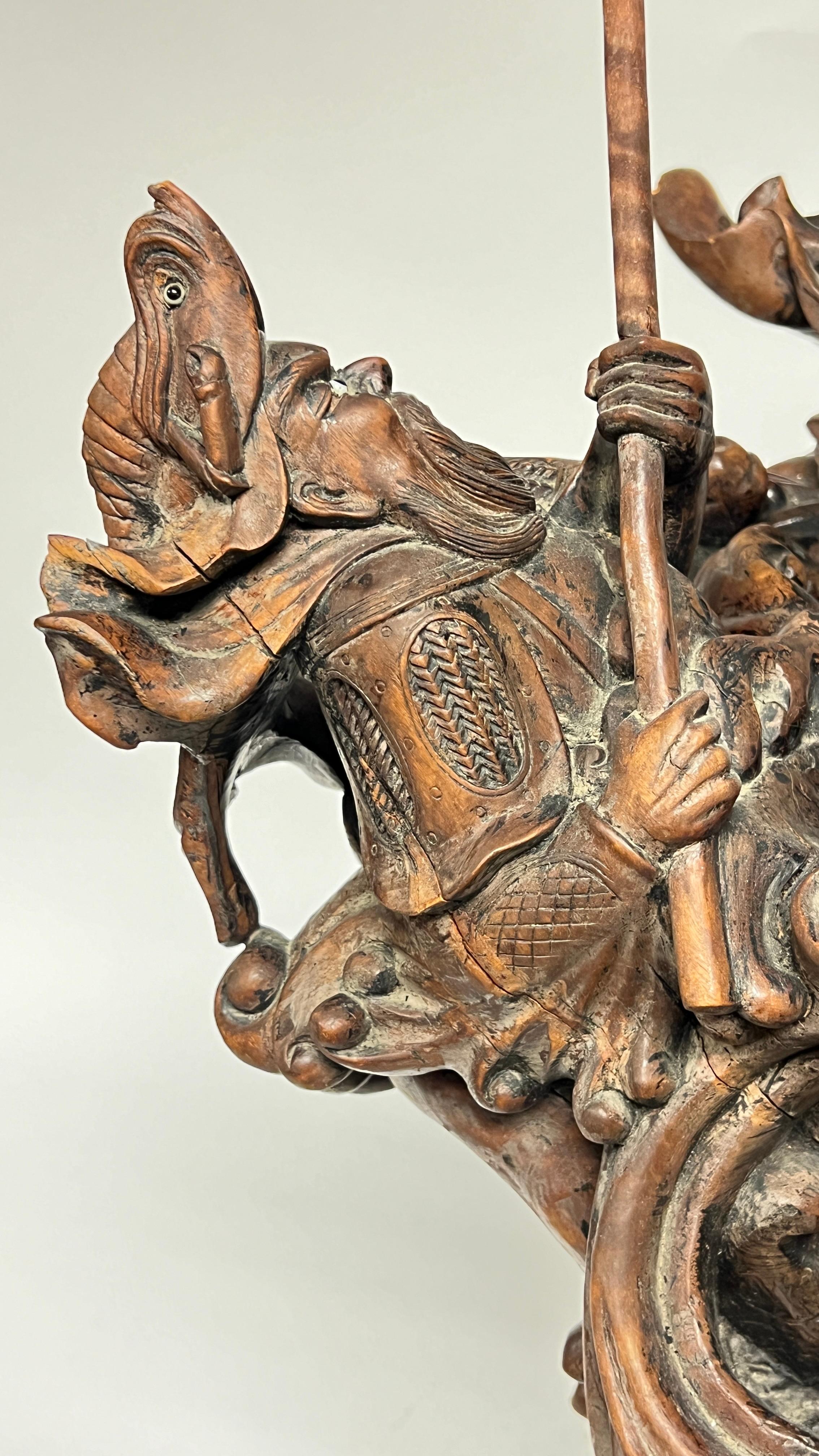 Antique Chinese Qing Period Carved Wooden Sculpture of Mythological Warriors For Sale 14