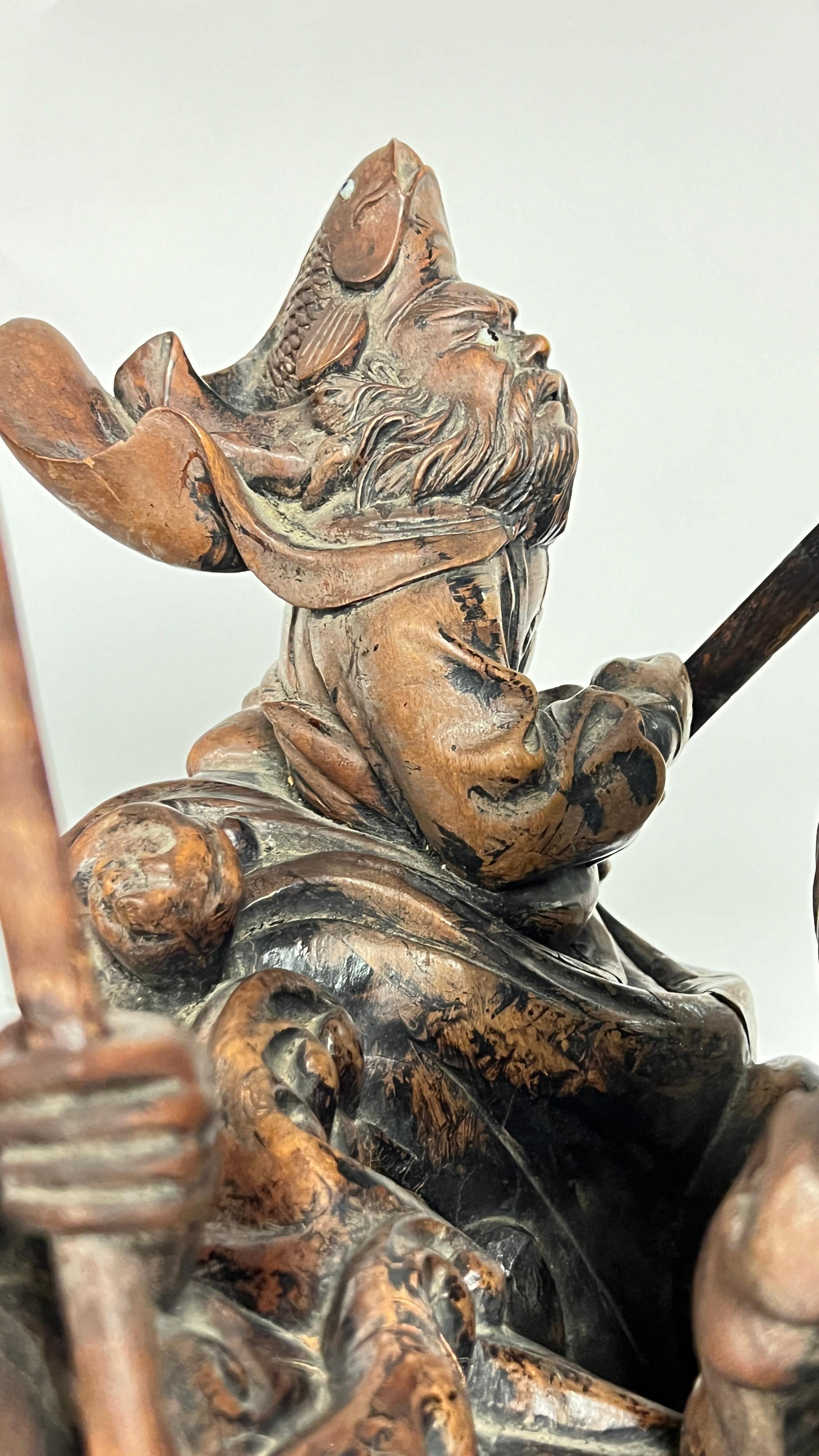 Antique Chinese Qing Period Carved Wooden Sculpture of Mythological Warriors For Sale 15