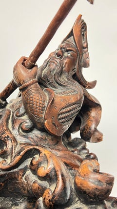 Antique Chinese Qing Period Carved Wooden Sculpture of Mythological Warriors