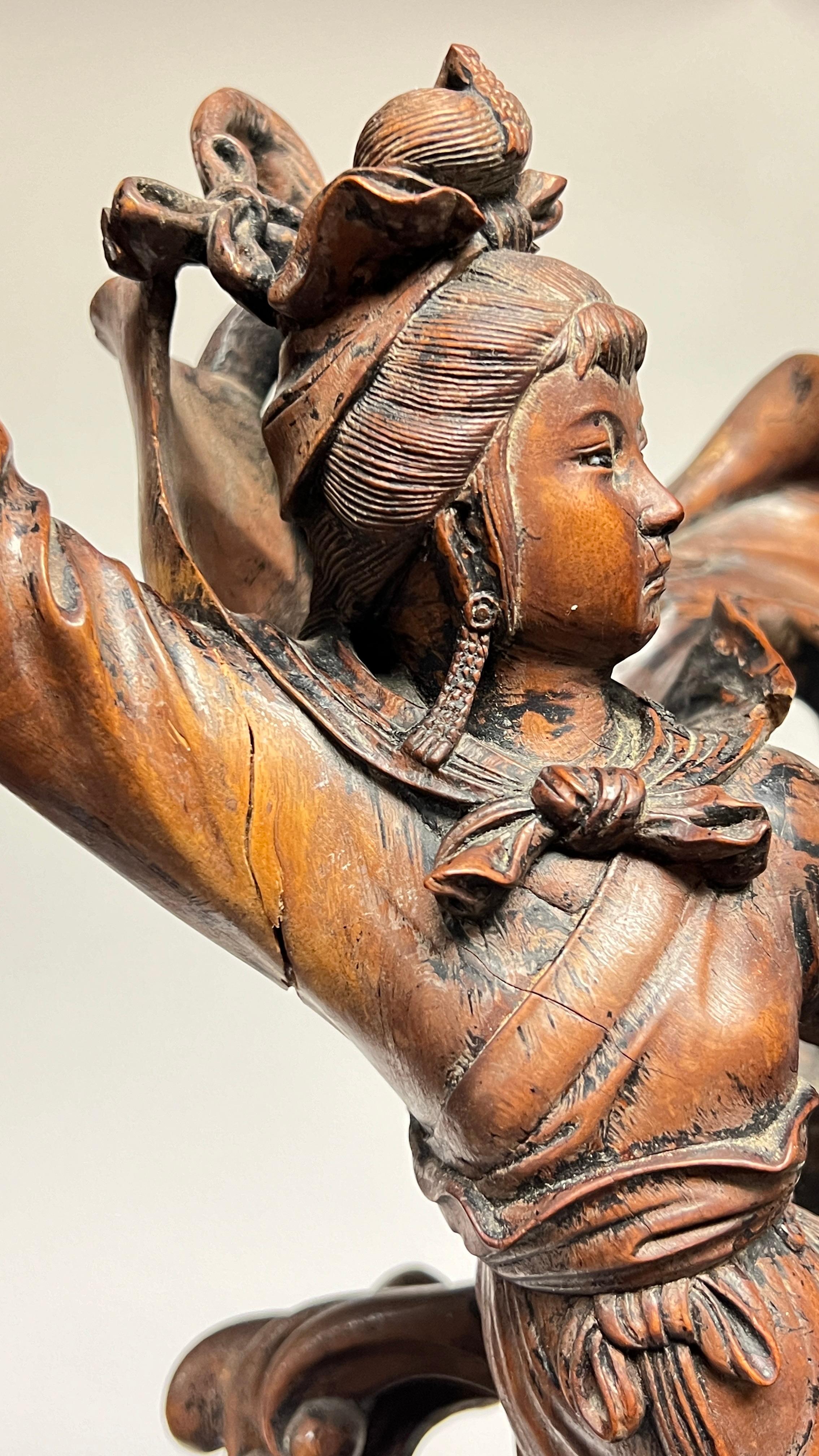 19th Century Antique Chinese Qing Period Carved Wooden Sculpture of Mythological Warriors For Sale