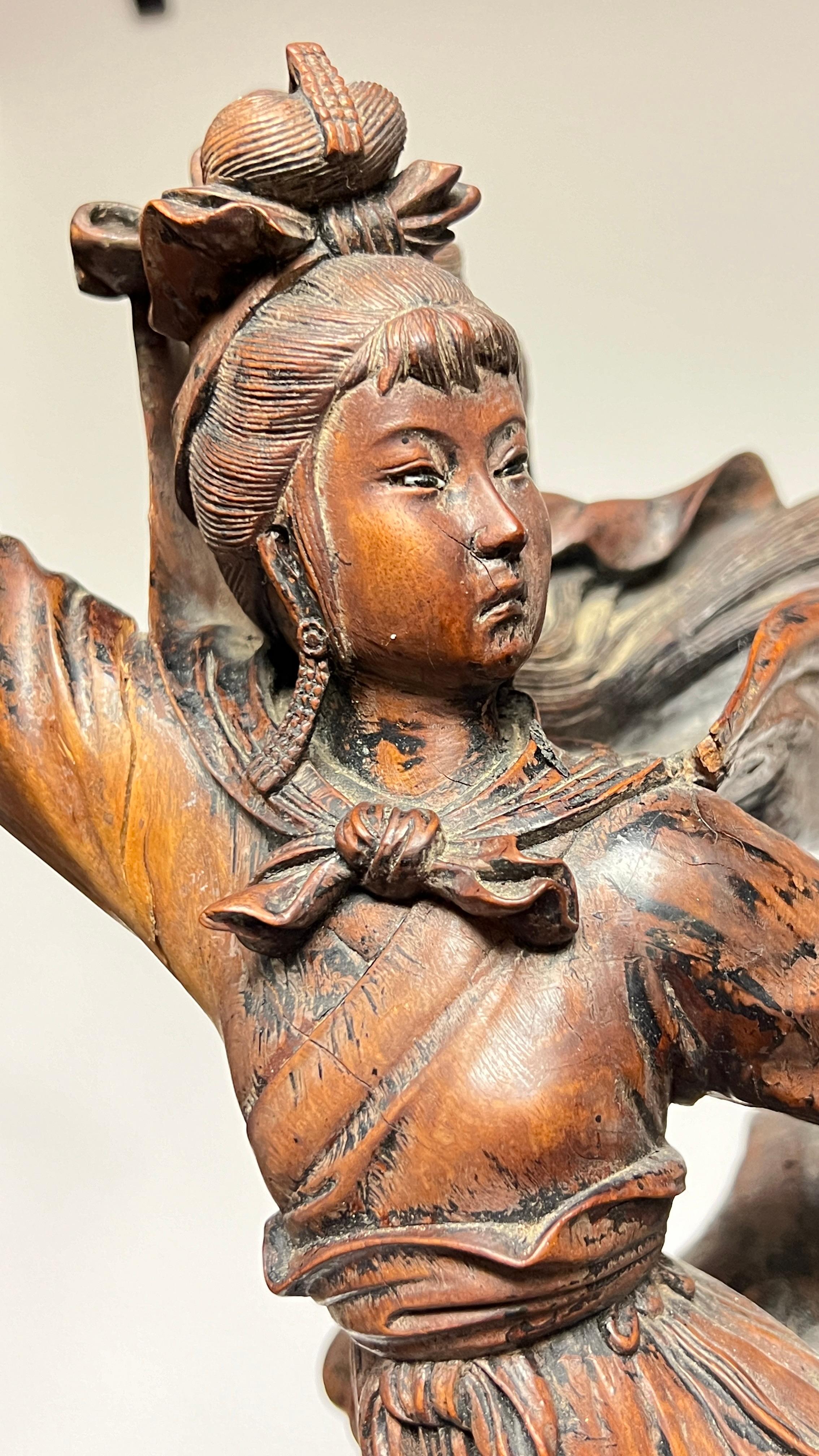 Antique Chinese Qing Period Carved Wooden Sculpture of Mythological Warriors For Sale 1