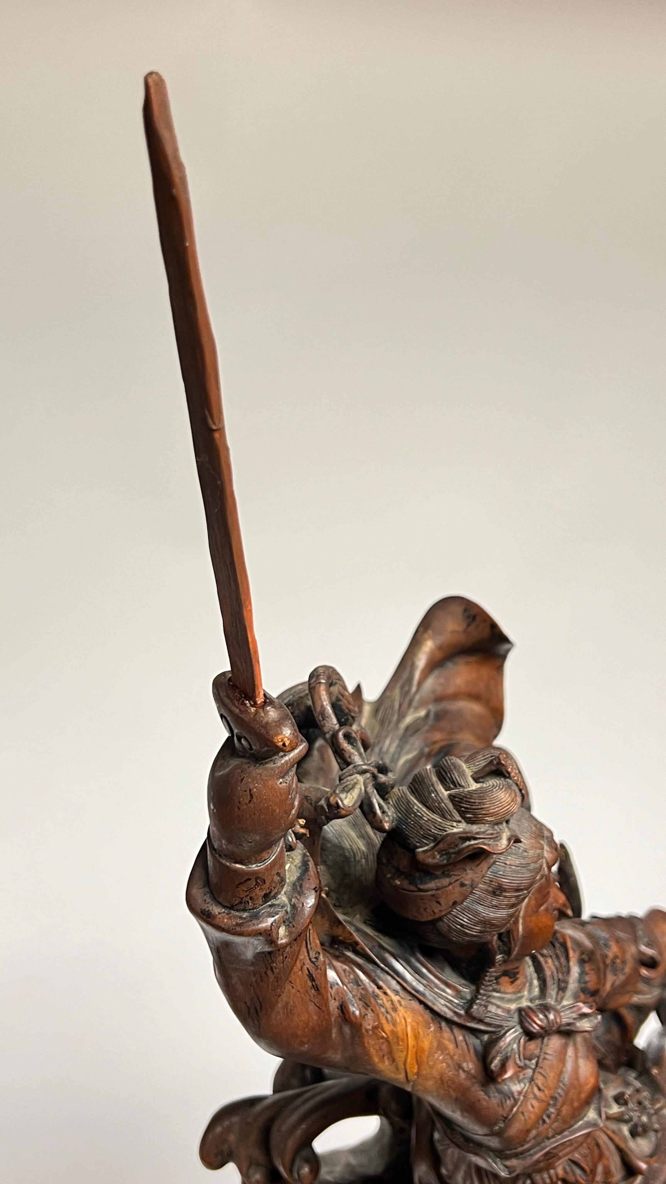 Antique Chinese Qing Period Carved Wooden Sculpture of Mythological Warriors For Sale 2