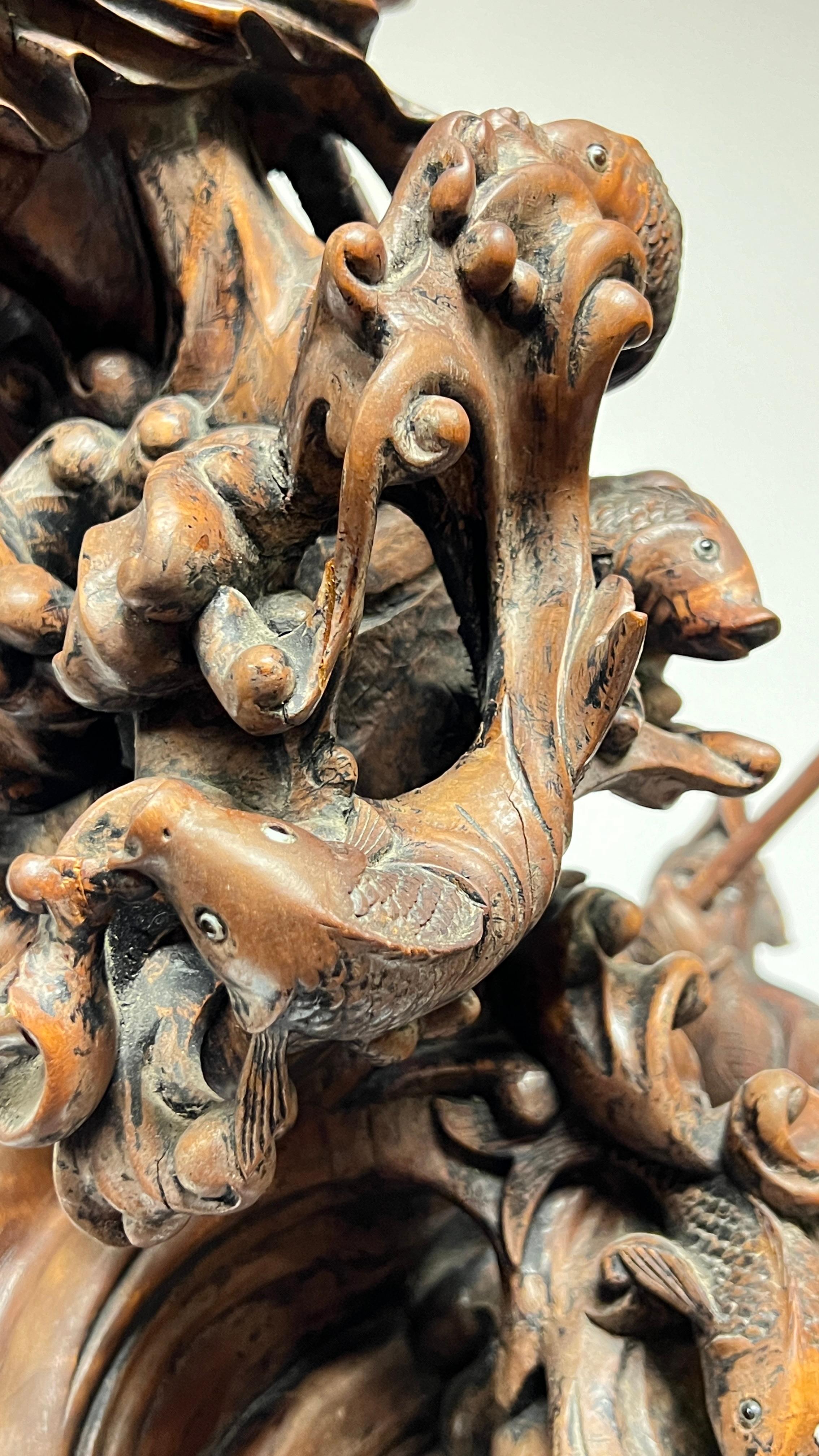 Antique Chinese Qing Period Carved Wooden Sculpture of Mythological Warriors For Sale 4