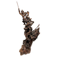 Ancienne sculpture chinoise en bois sculpté de guerriers mythologiques de la période Qing
