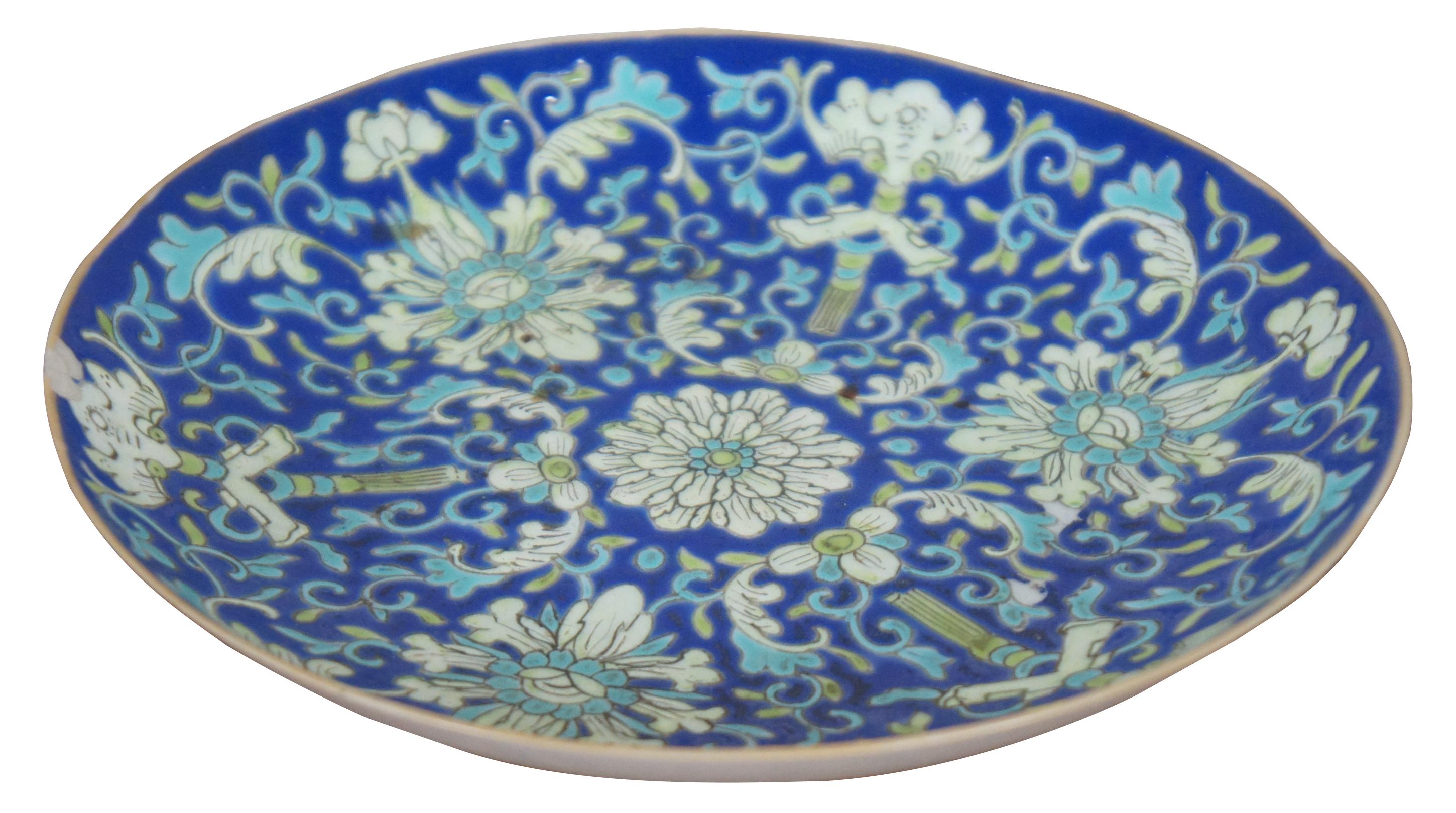 Antique Chinese Qing Porcelain Lotus Scroll Cloisonne Enamel Dish Plate In Good Condition In Dayton, OH