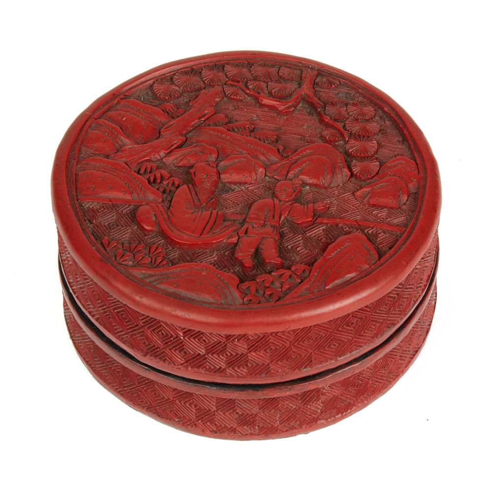 Antique Chinese Qing Red Cinnabar Lacquer Lidded Box 19th Century In Good Condition In Bishop's Stortford, Hertfordshire